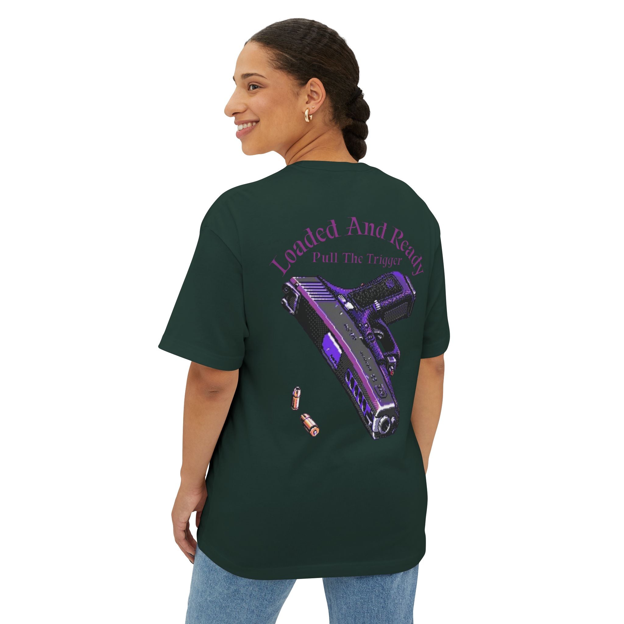 Boxy Tee — "Loaded and Ready" Purple Pistol Graphic Shirt