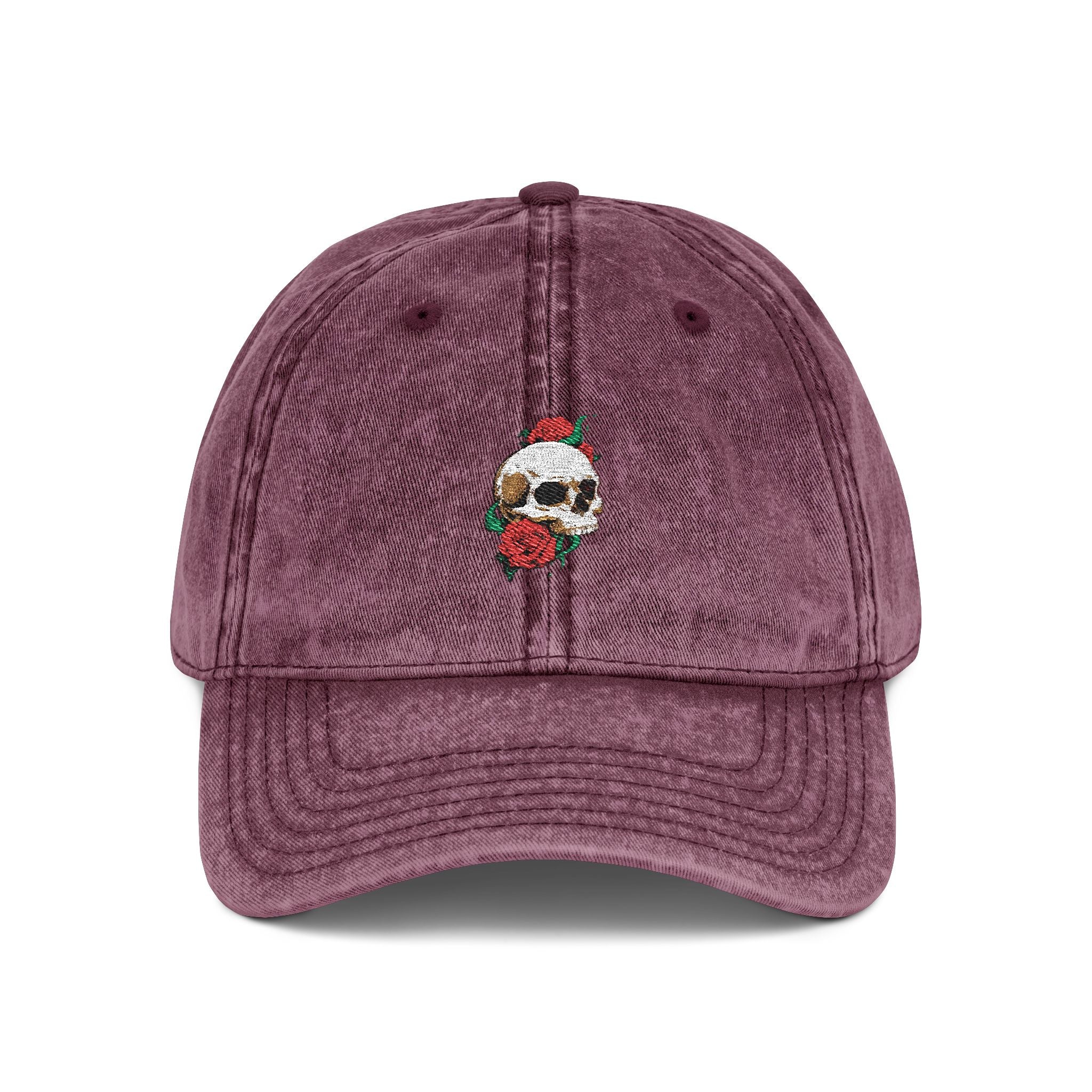 Embroidered Skull Rose Vintage Cap — Washed Red Baseball Hat