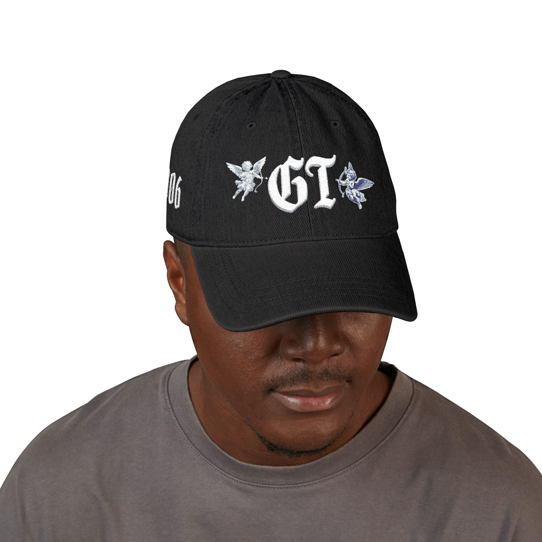 Embroidered 'GT' Denim Hat — Vintage Gothic Baseball Cap with Floral Accents