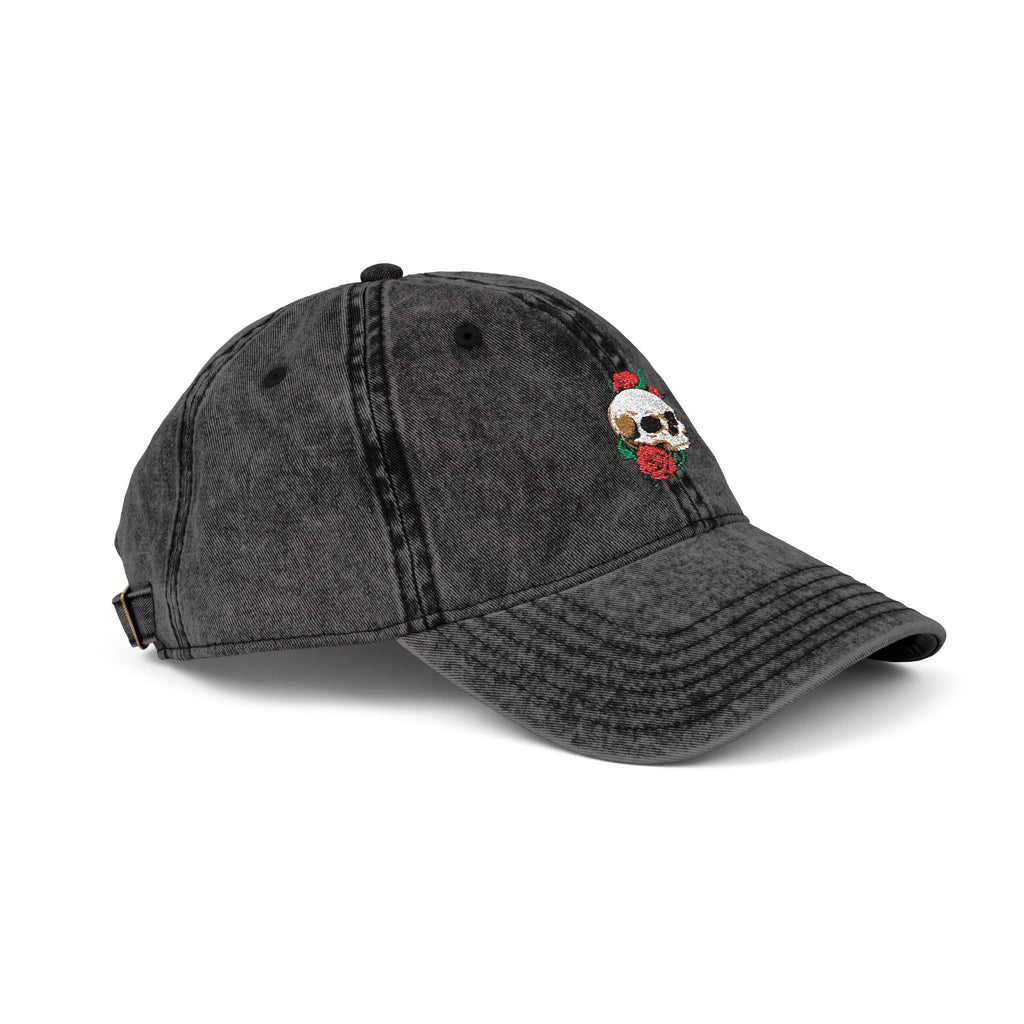 Embroidered Skull Rose Vintage Cap — Washed Red Baseball Hat