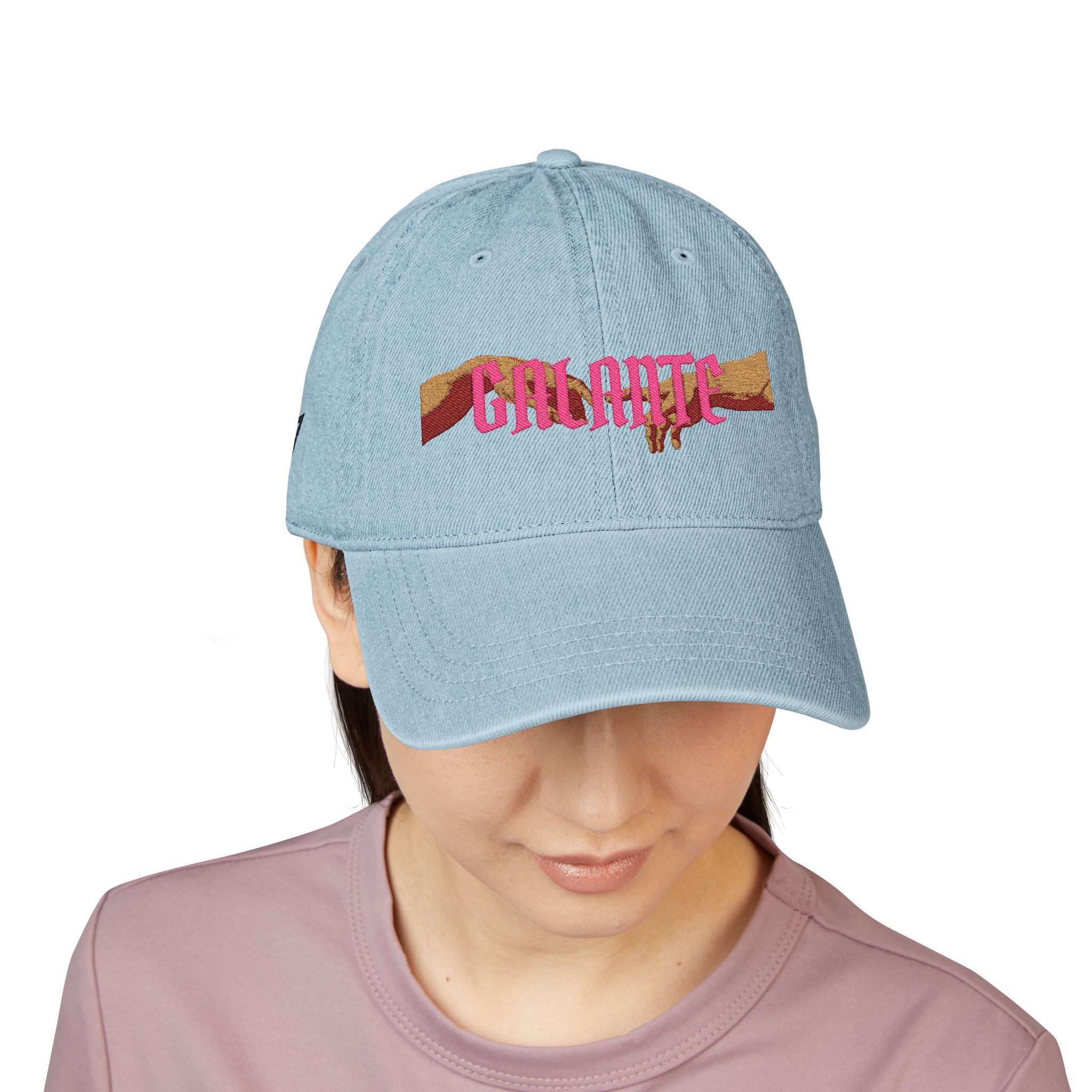 Galante Embroidered Denim Hat — Retro Pink & Gold Script Baseball Cap