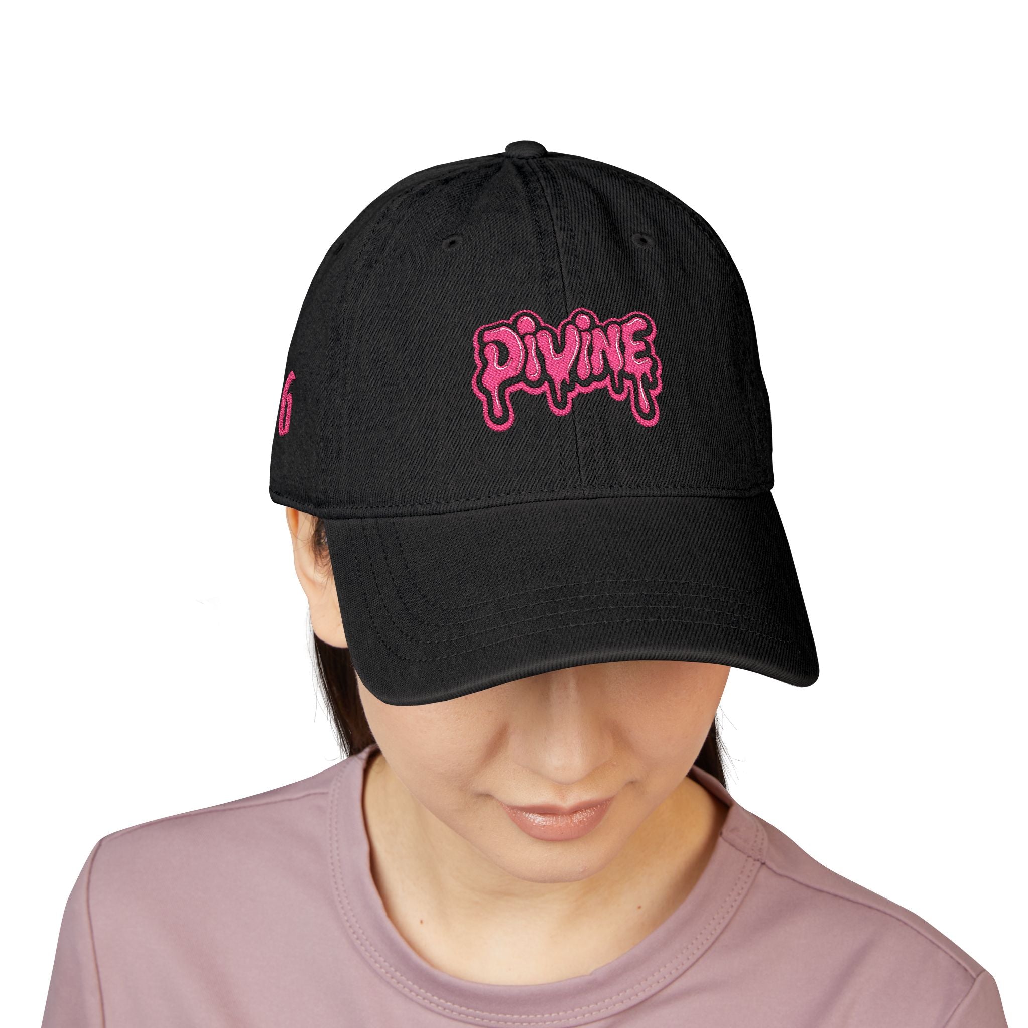 Embroidered 'Divine' Denim Hat - Pink Drip Logo Baseball Cap