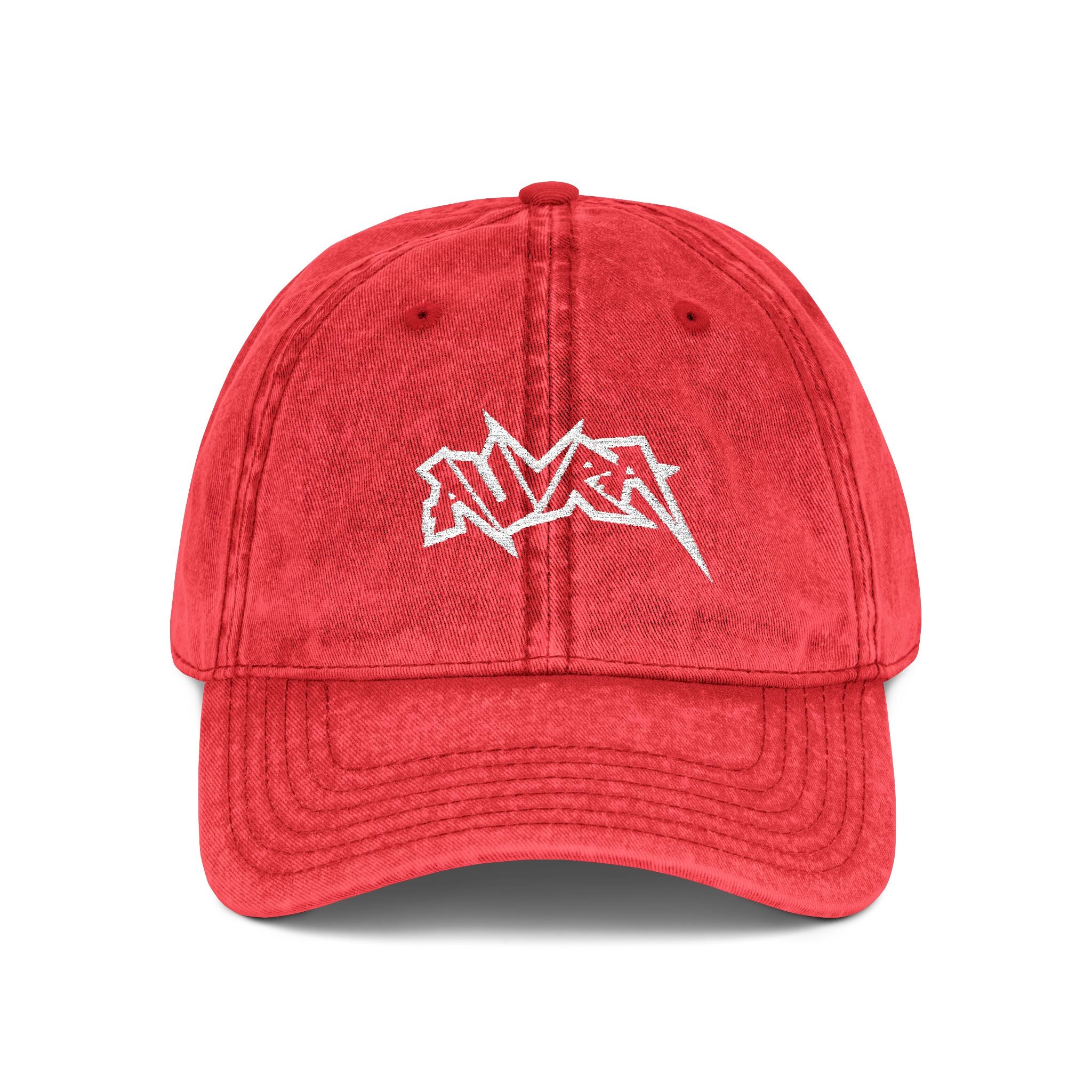 Vintage Embroidered Cap — Distressed Red Dad Hat with Retro Logo
