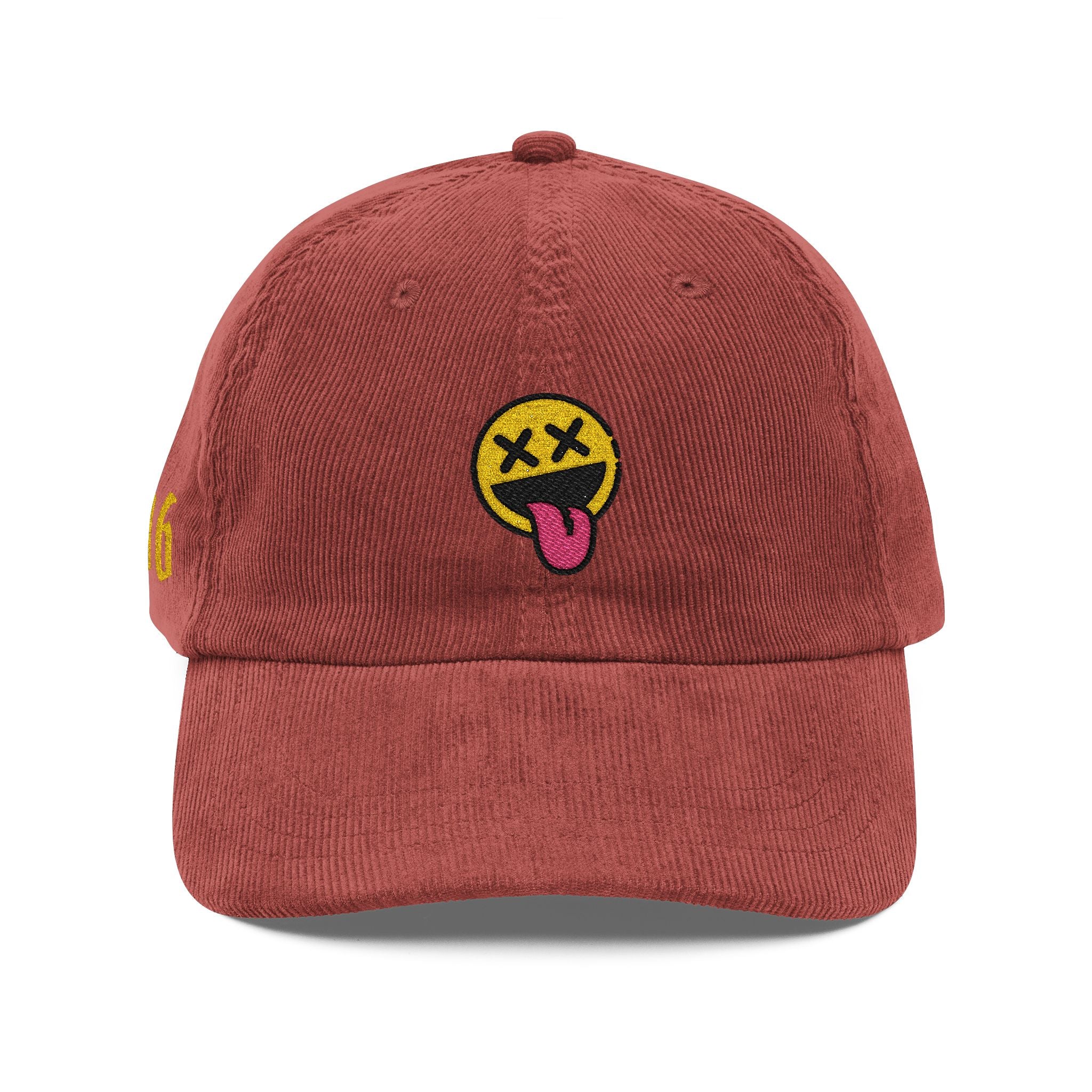 Vintage Corduroy Embroidered Hat — Retro Smiley Tongue Cap