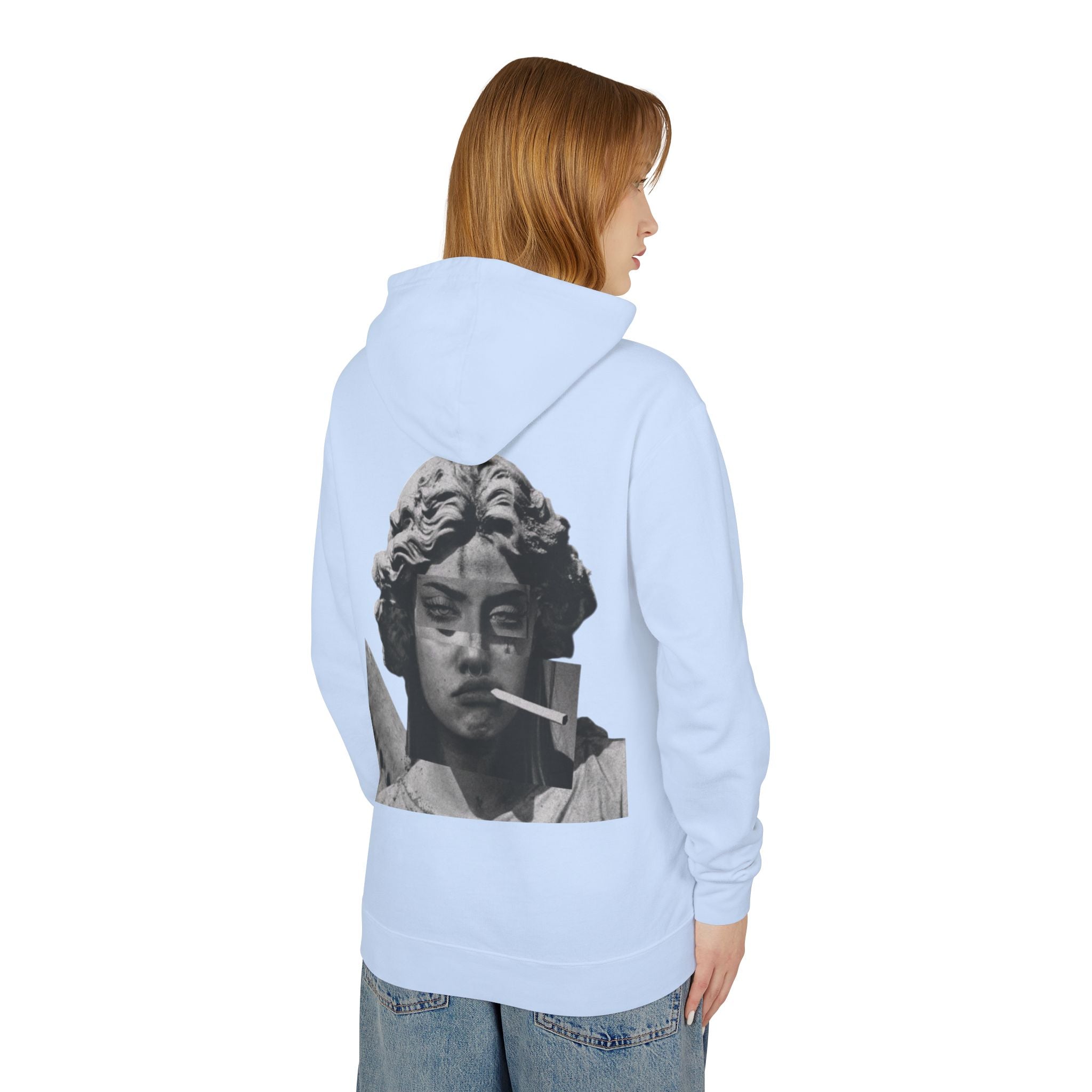 Statue Smoking Hoodie — Retro Grayscale Angel Graphic Hoodie