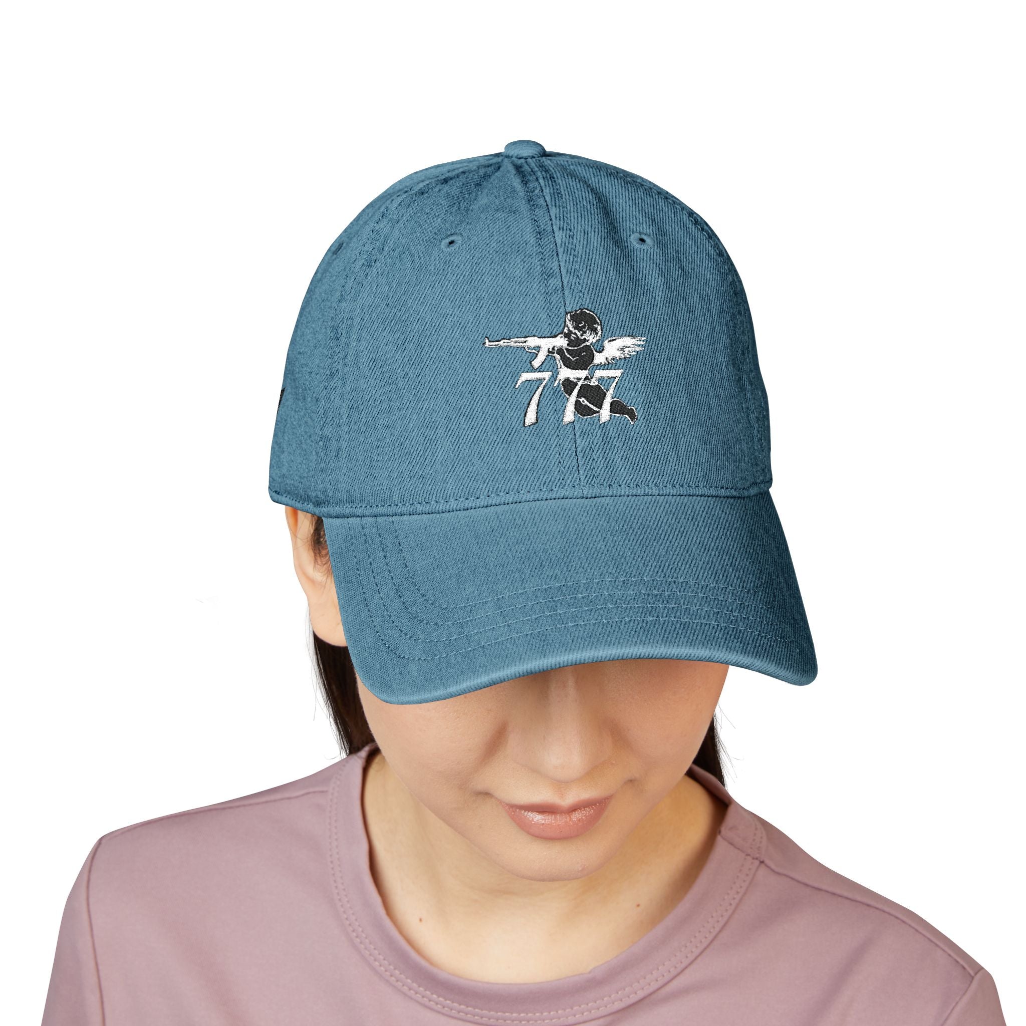 Embroidered Angel 777 Denim Hat — Vintage Baseball Cap with Winged Cherub Design