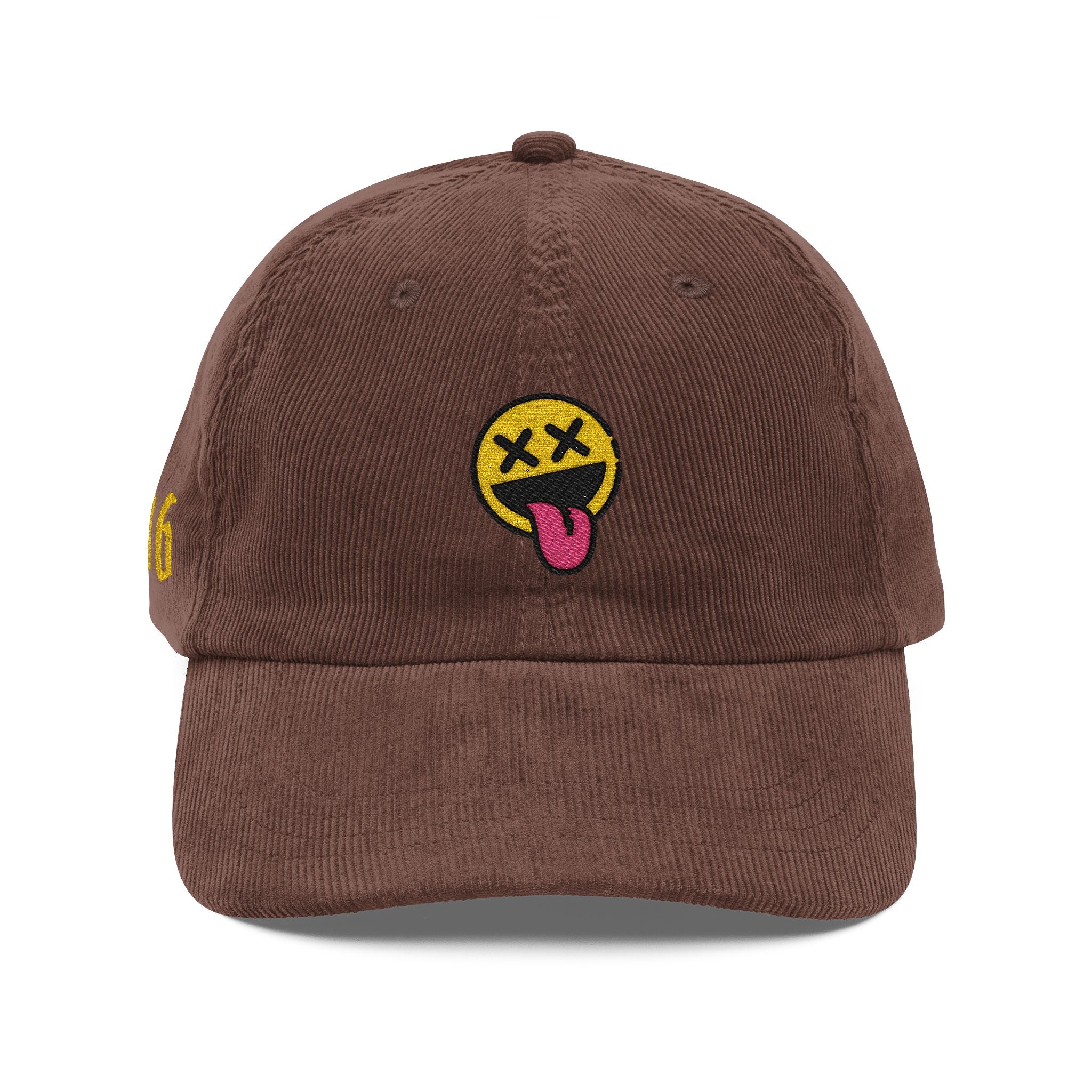 Vintage Corduroy Embroidered Hat — Retro Smiley Tongue Cap