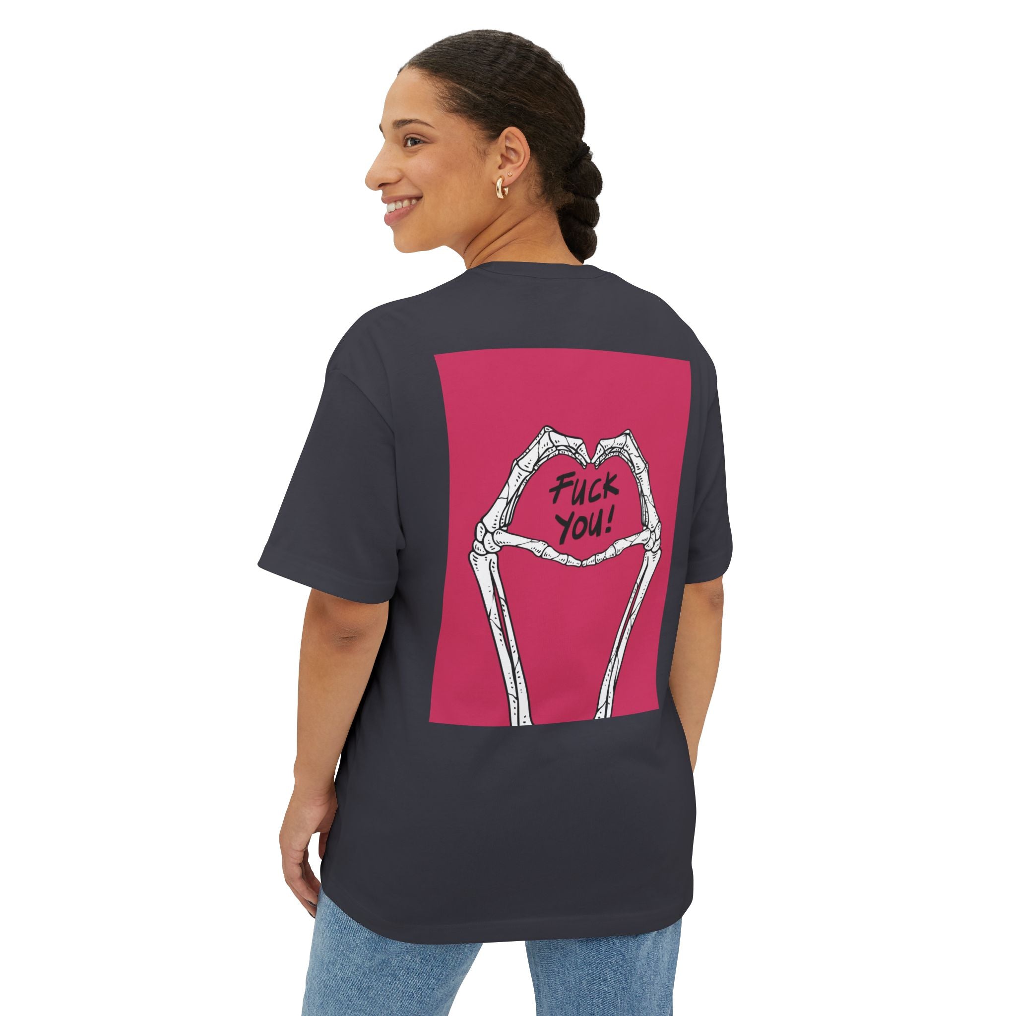 Boxy Tee — Skeleton Heart Graphic with "Fuck You!" Back Print