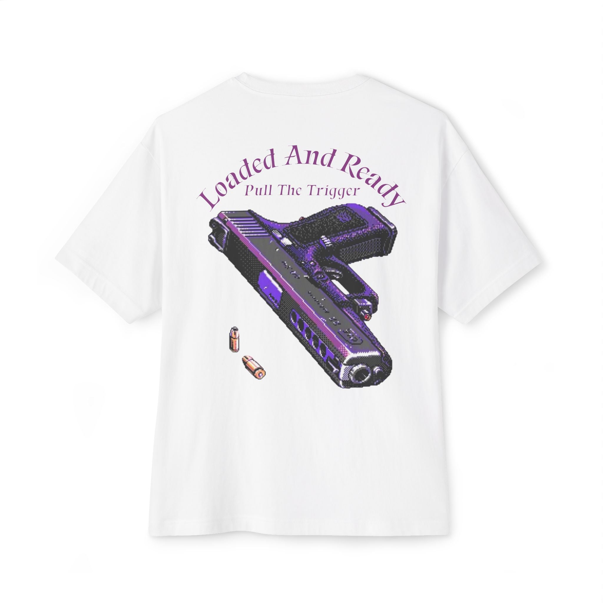 Boxy Tee — "Loaded and Ready" Purple Pistol Graphic Shirt