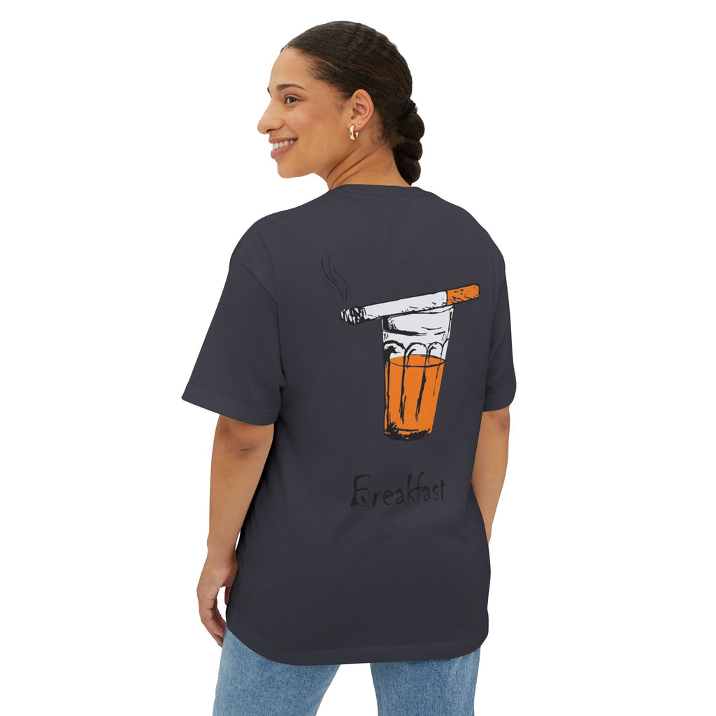Breakfast Graphic Tee — Cigarette & Drink Illustration Oversized Boxy T‑Shirt