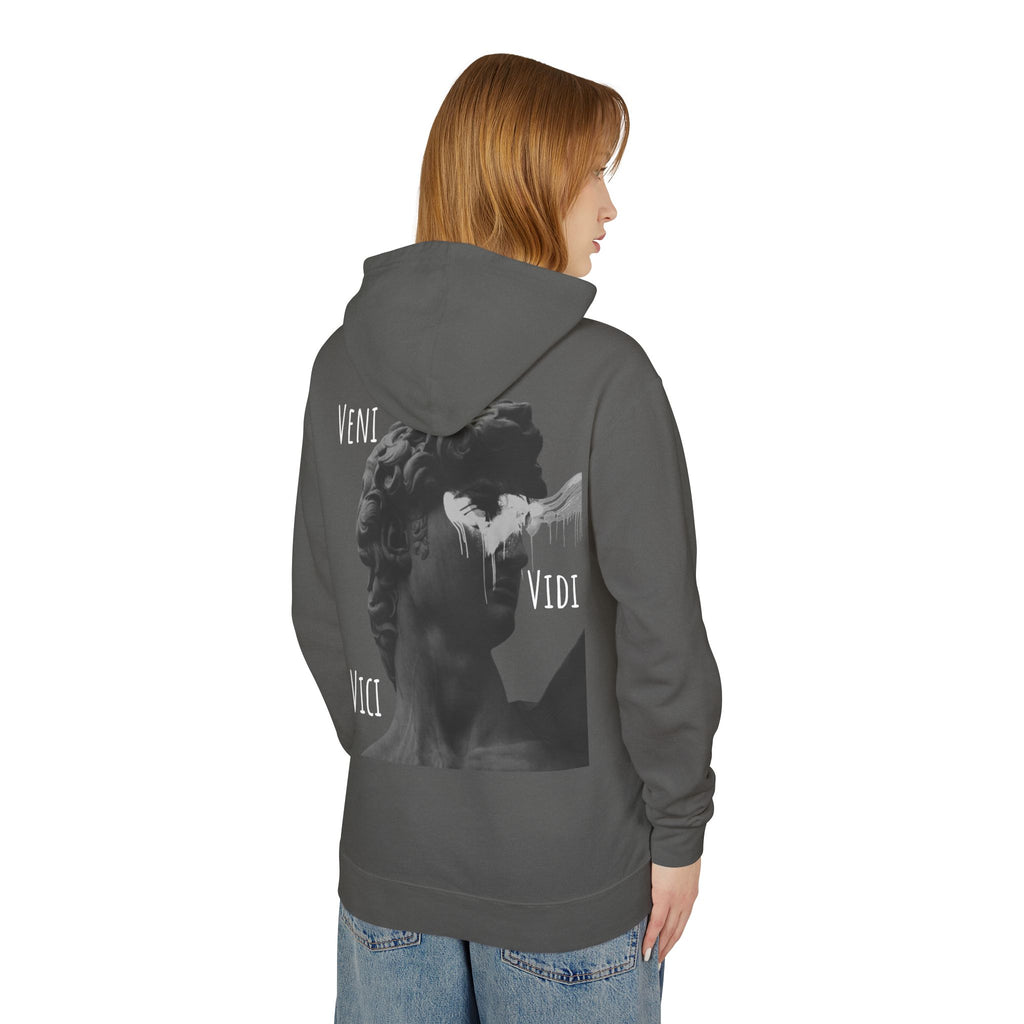 “Veni Vidi Vici” Statue Graphic Hoodie — Lightweight Vintage Art Pullover