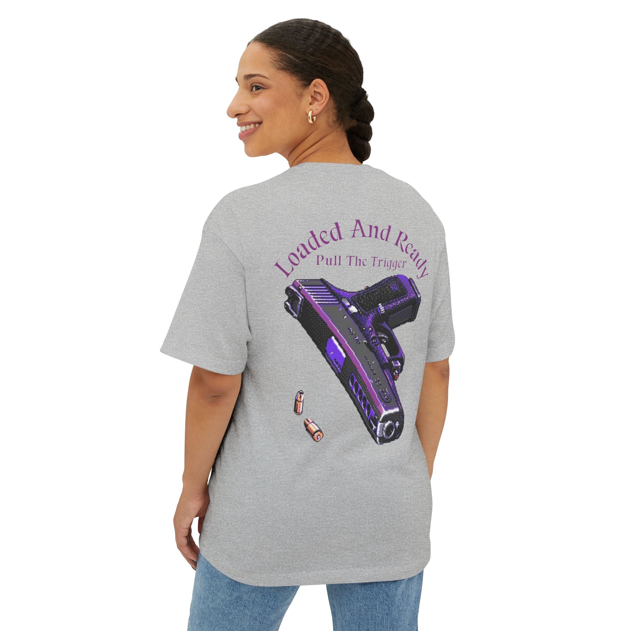 Boxy Tee — "Loaded and Ready" Purple Pistol Graphic Shirt