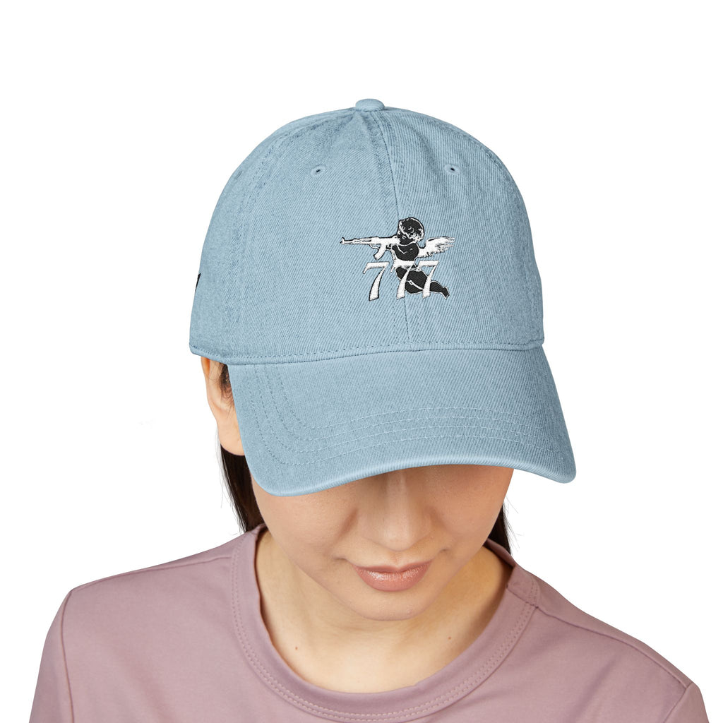 Embroidered Angel 777 Denim Hat — Vintage Baseball Cap with Winged Cherub Design