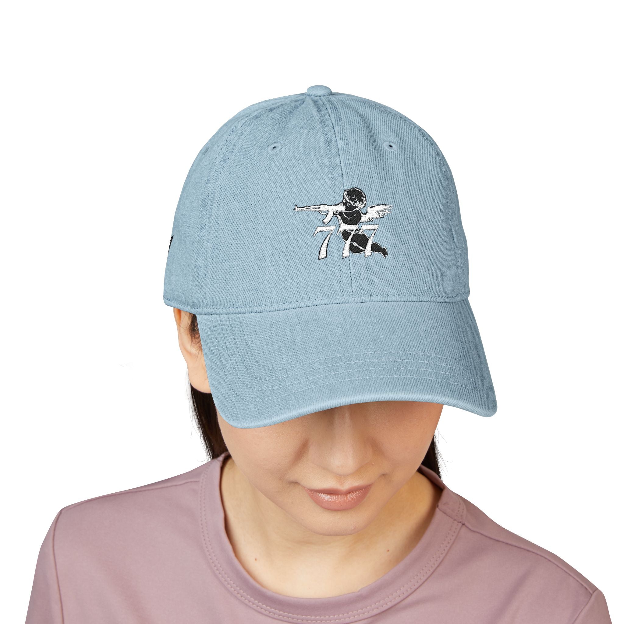 Embroidered Angel 777 Denim Hat — Vintage Baseball Cap with Winged Cherub Design
