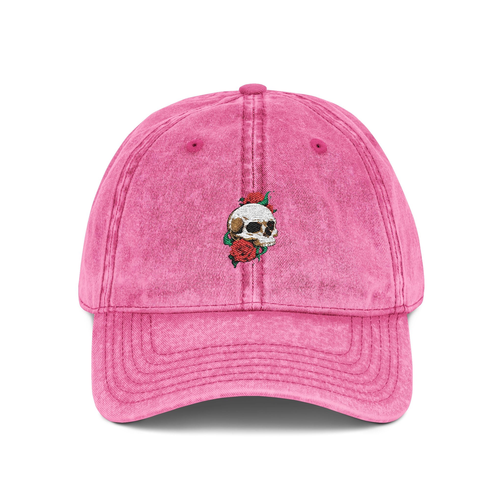 Embroidered Skull Rose Vintage Cap — Washed Red Baseball Hat