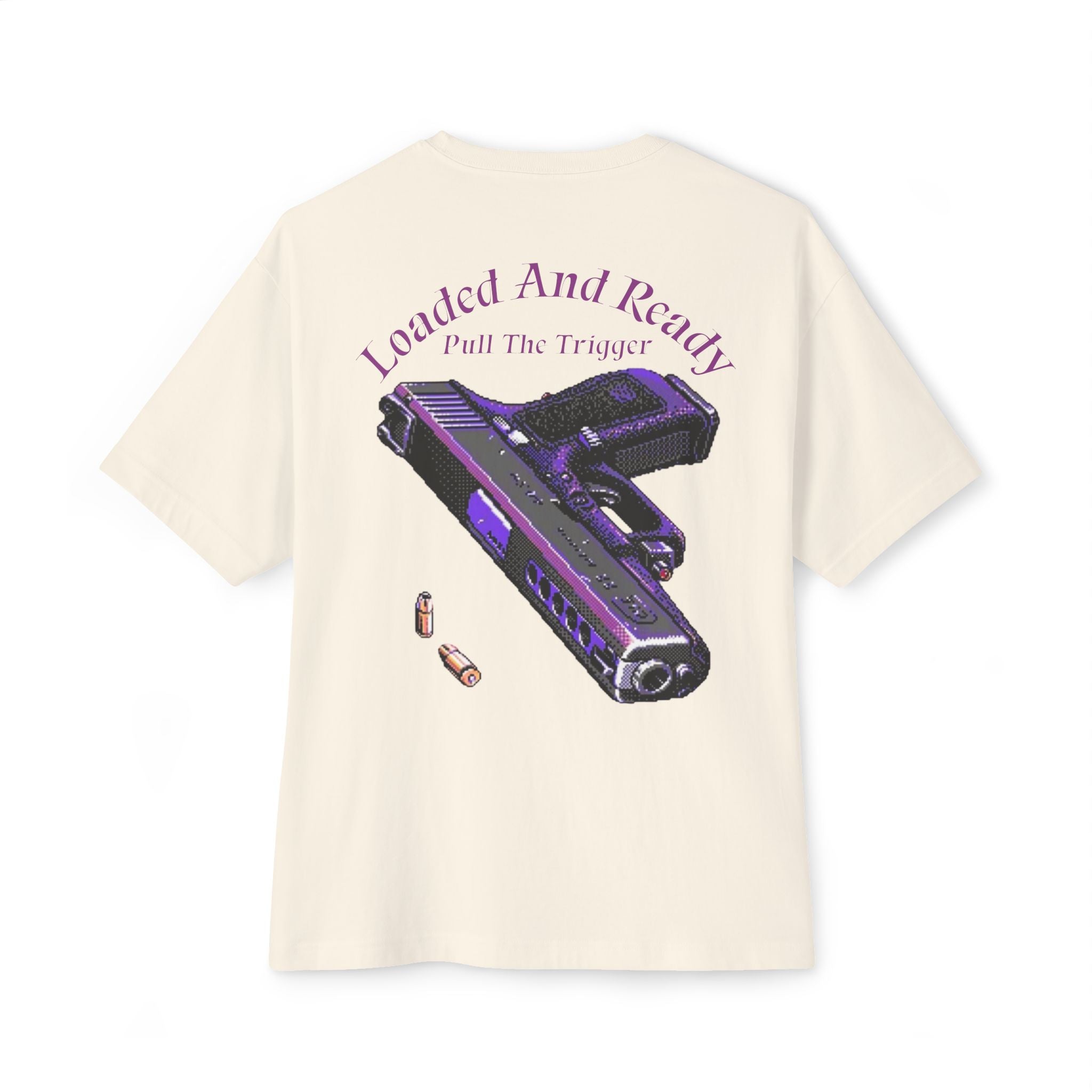 Boxy Tee — "Loaded and Ready" Purple Pistol Graphic Shirt