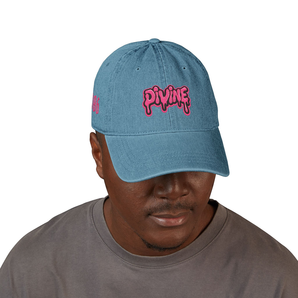 Embroidered 'Divine' Denim Hat - Pink Drip Logo Baseball Cap