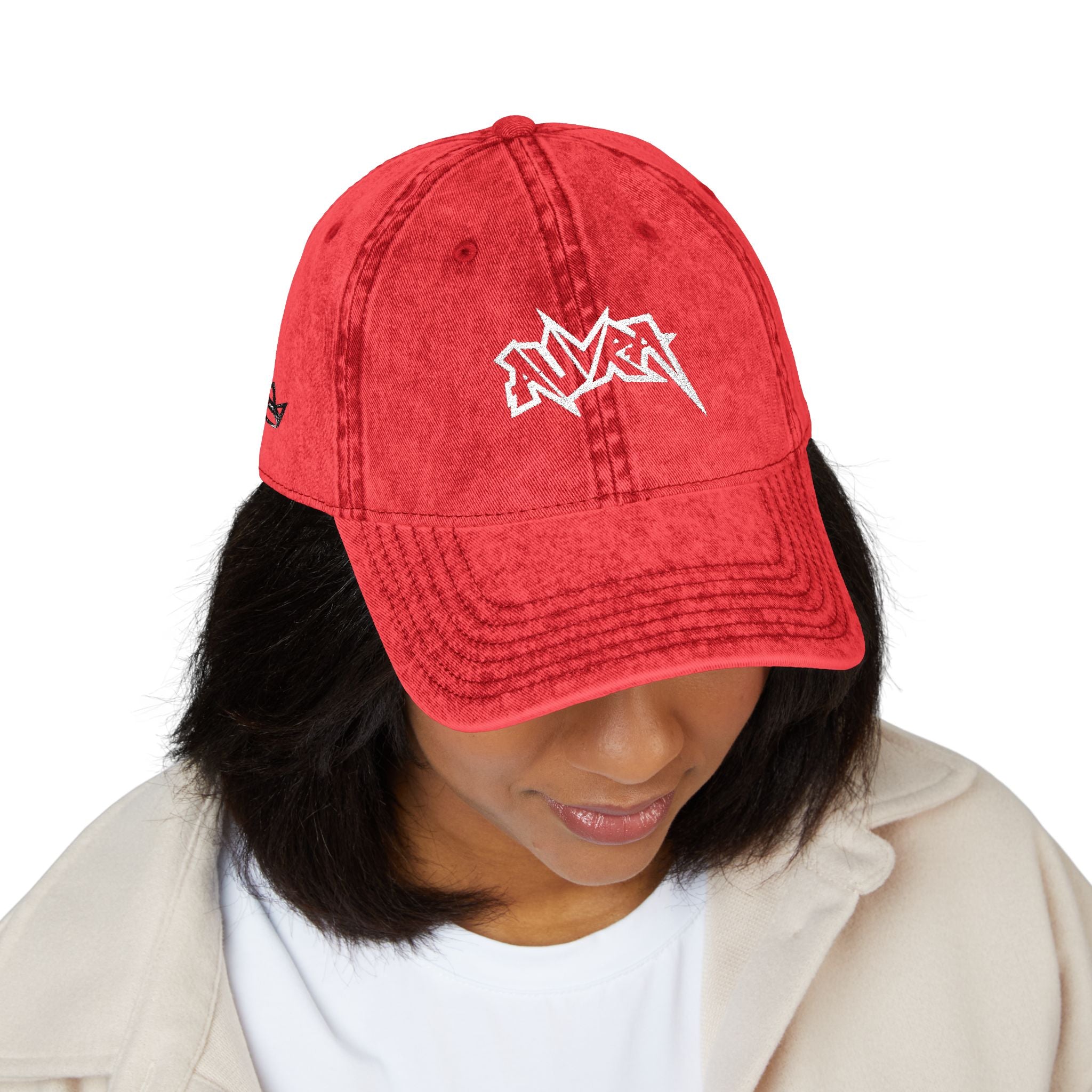 Vintage Embroidered Cap — Distressed Red Dad Hat with Retro Logo