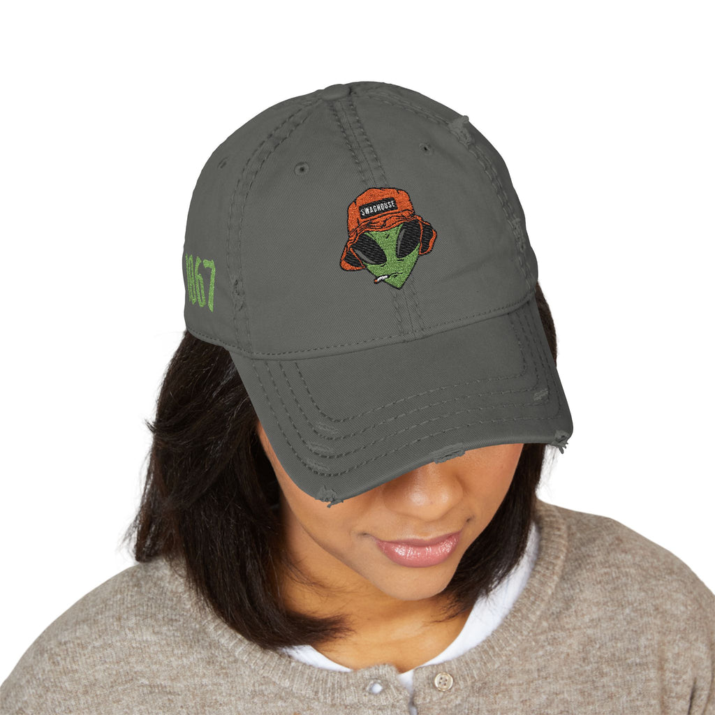 Alien Embroidered Distressed Dad Hat – Retro Bucket Cap Graphic
