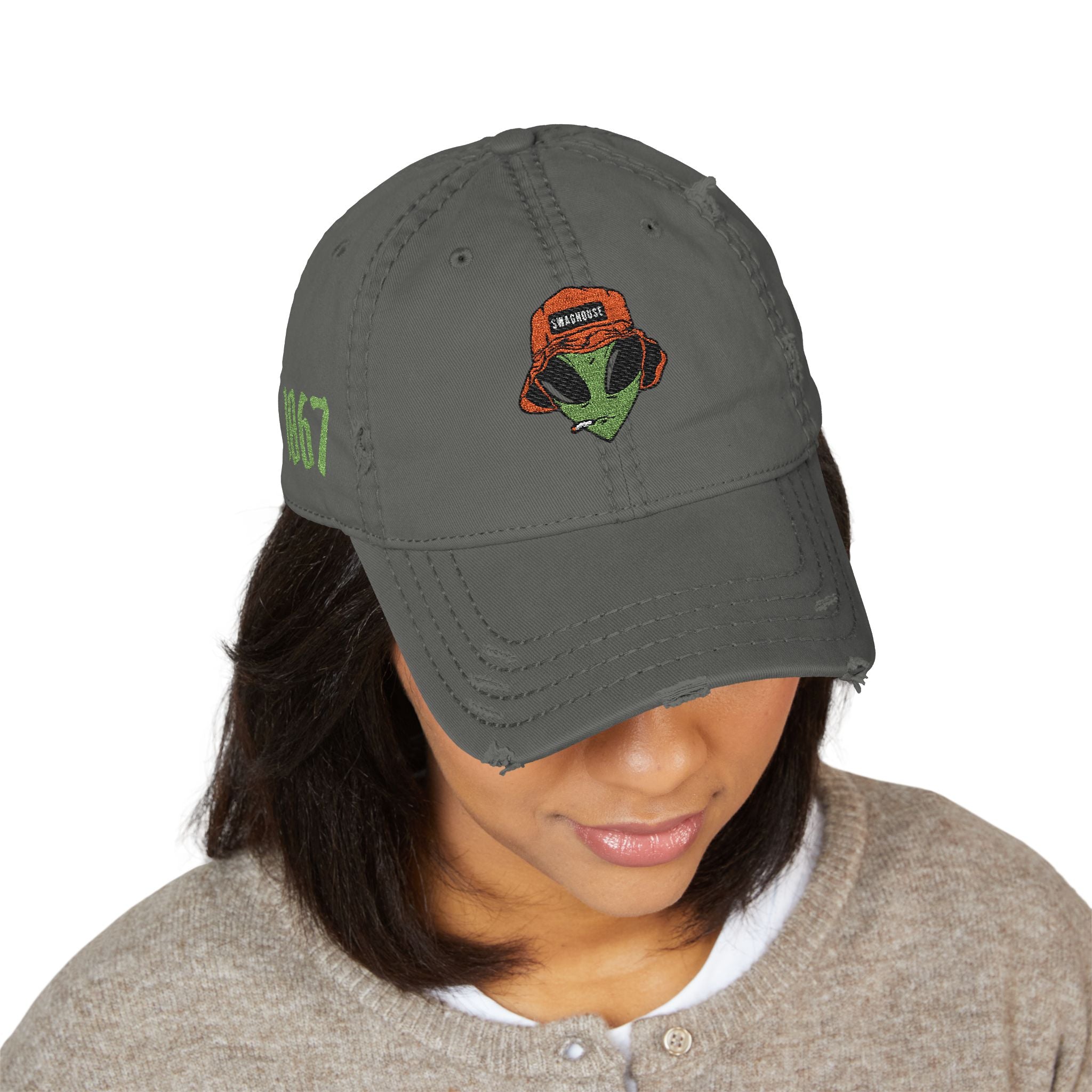 Alien Embroidered Distressed Dad Hat – Retro Bucket Cap Graphic