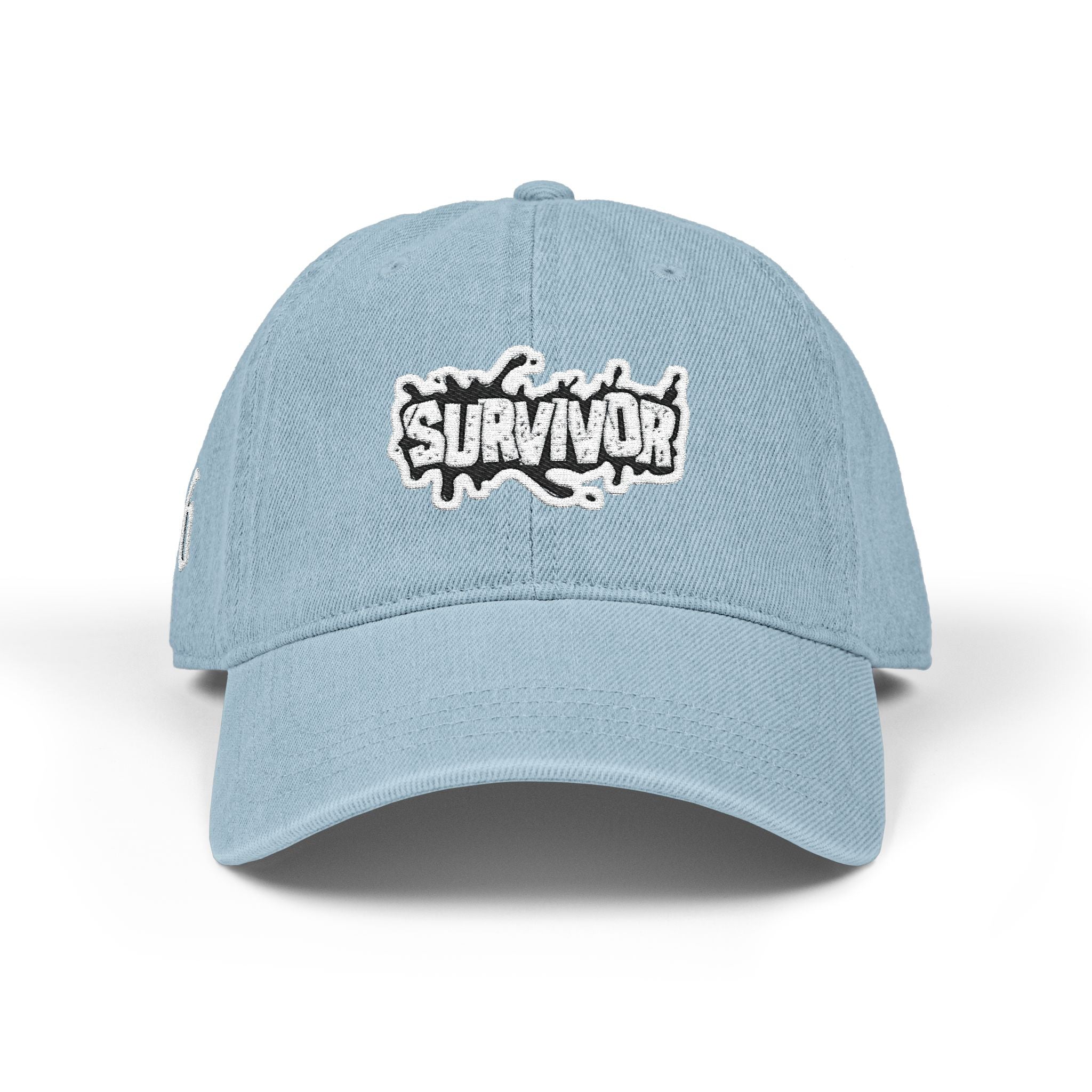 Survivor Embroidered Denim Hat — Distressed Patch Baseball Cap