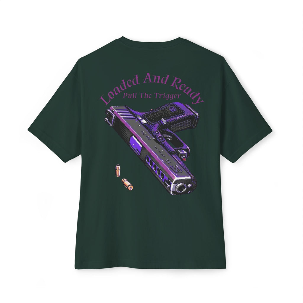 Boxy Tee — "Loaded and Ready" Purple Pistol Graphic Shirt