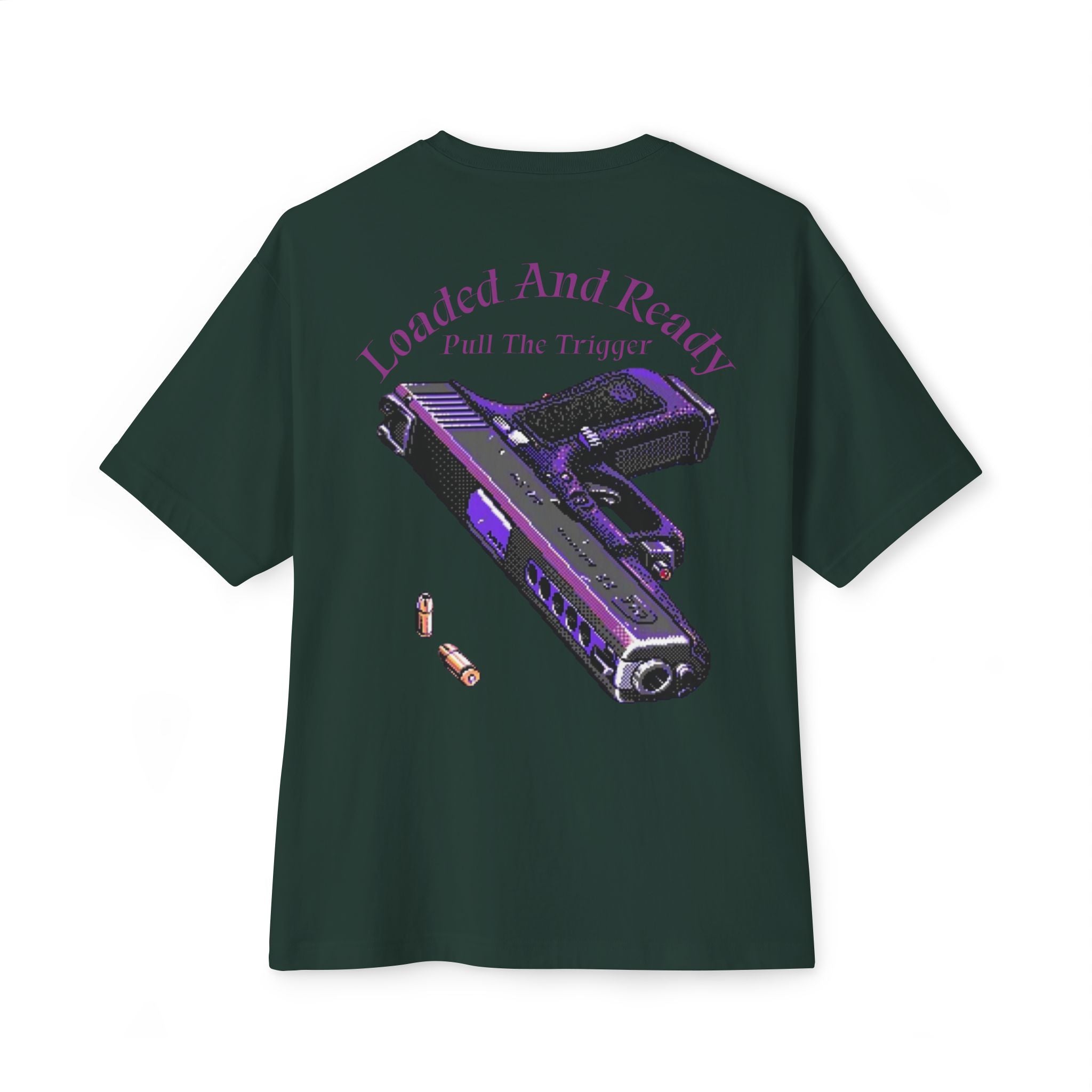 Boxy Tee — "Loaded and Ready" Purple Pistol Graphic Shirt