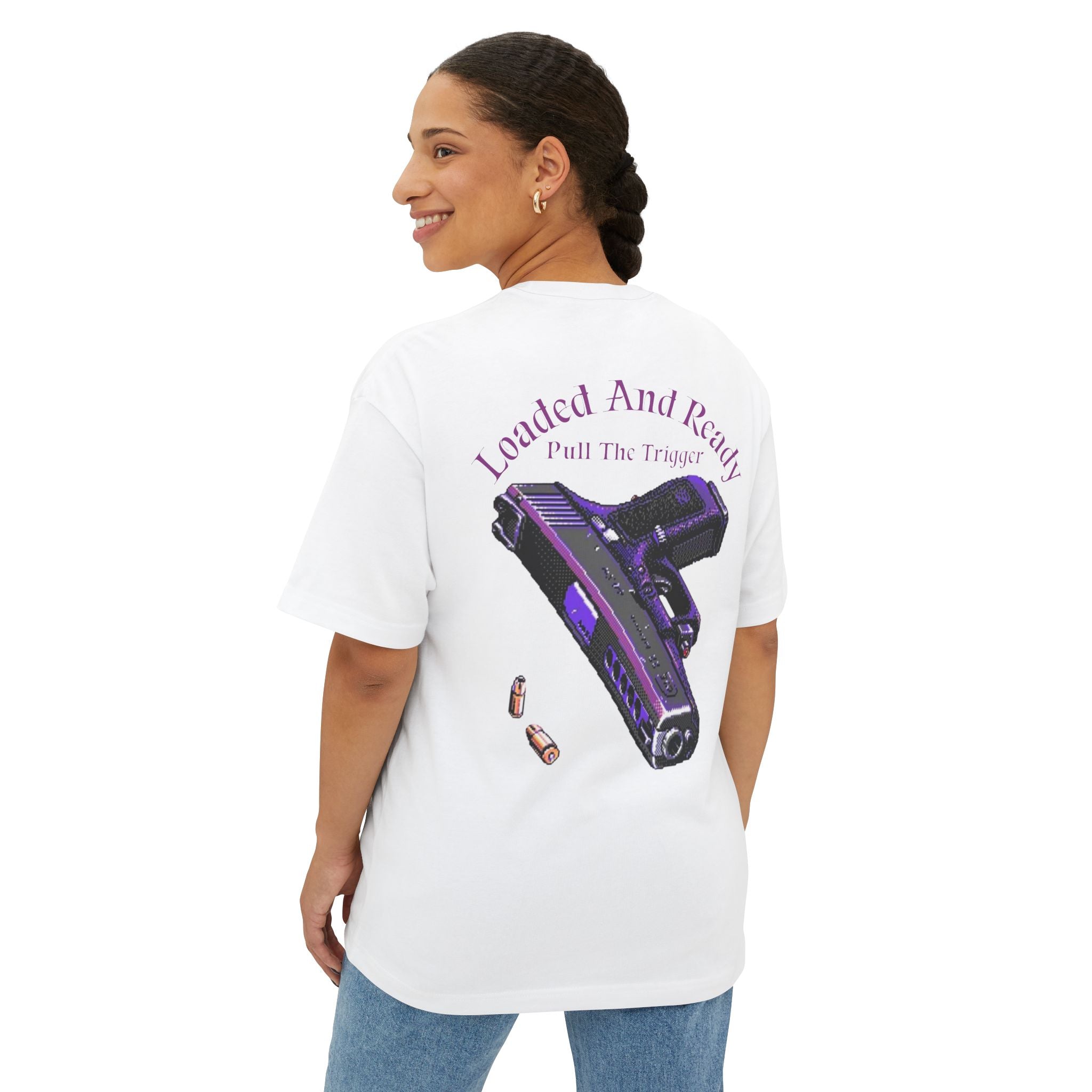 Boxy Tee — "Loaded and Ready" Purple Pistol Graphic Shirt