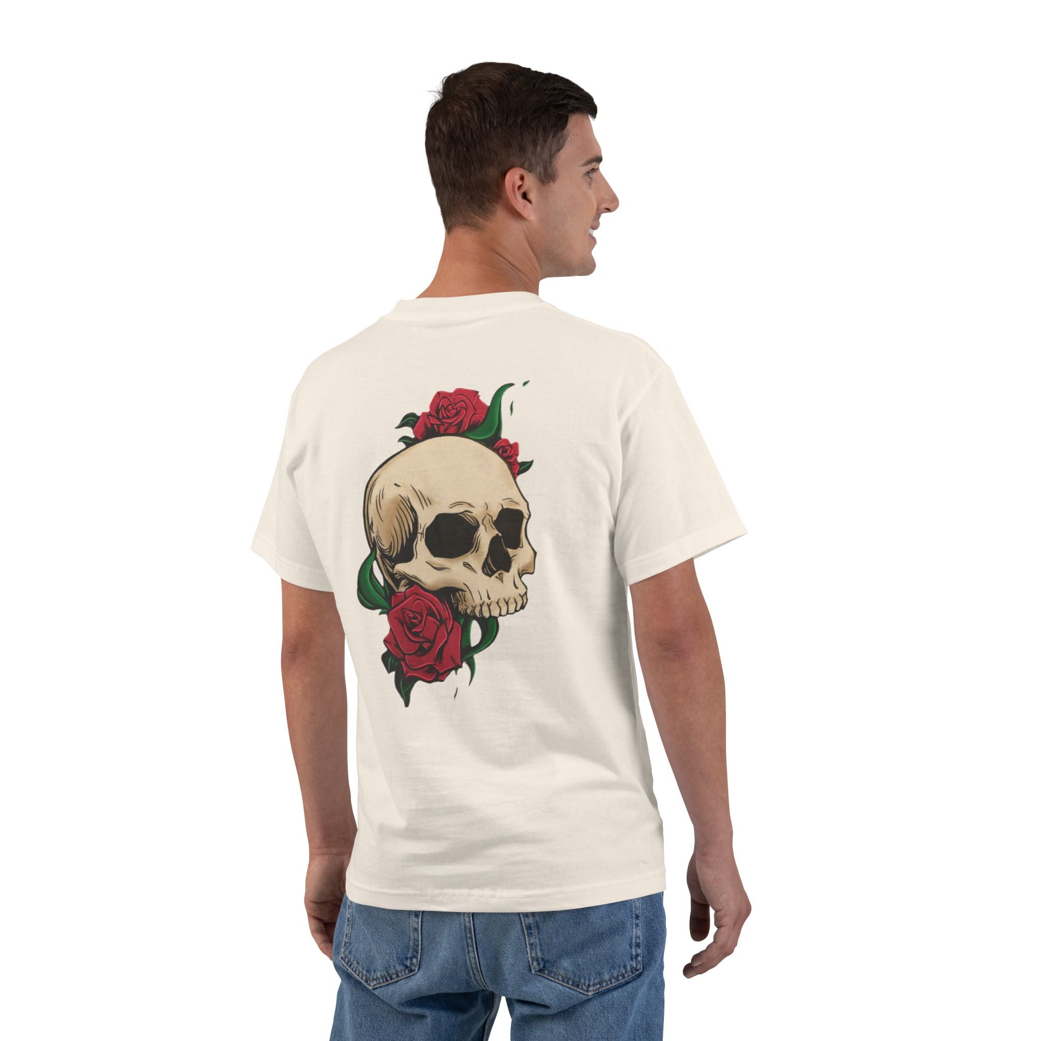 OVERSIZED Skull & Roses Graphic T-Shirt — Vintage Skull Back Print with Script Front