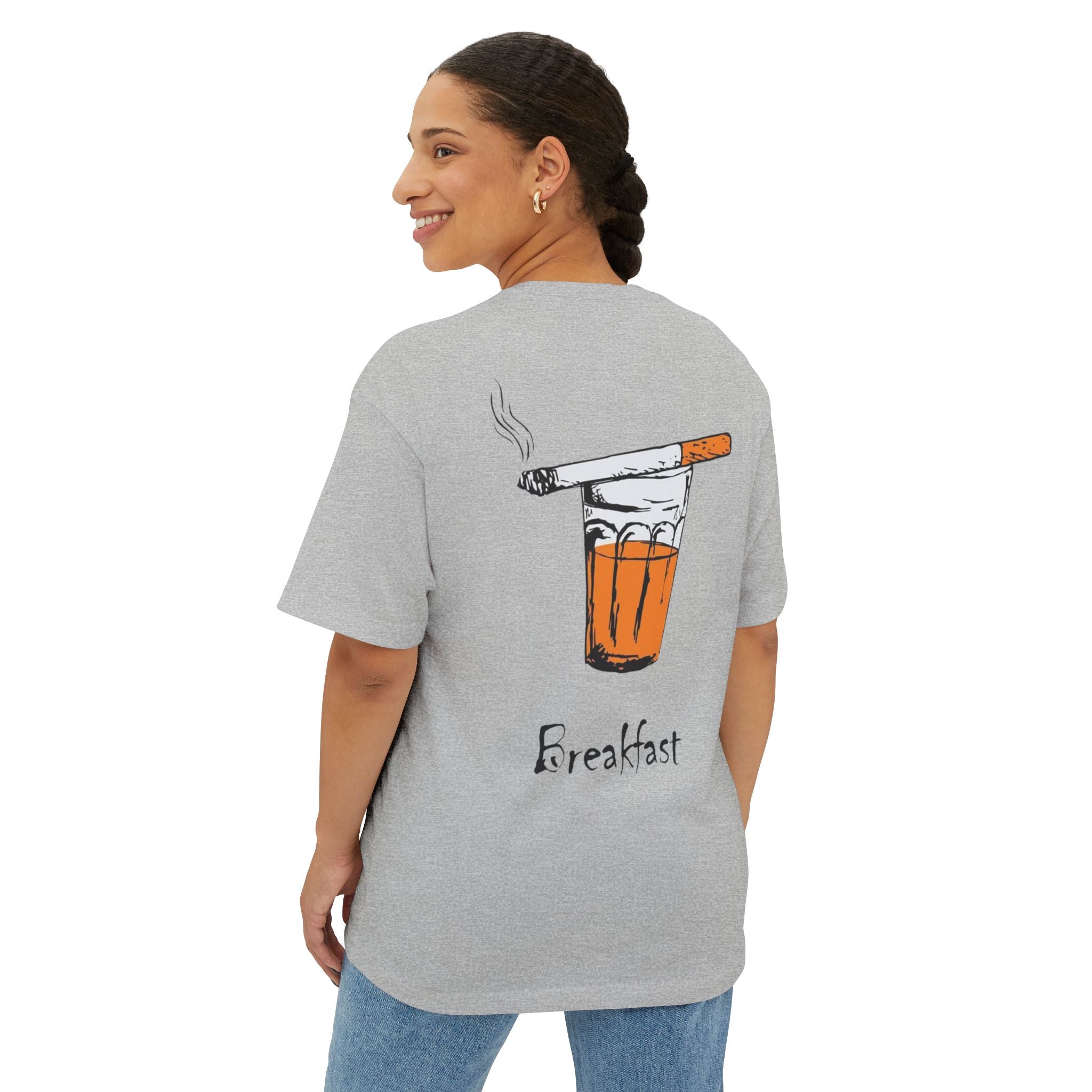 Breakfast Graphic Tee — Cigarette & Drink Illustration Oversized Boxy T‑Shirt