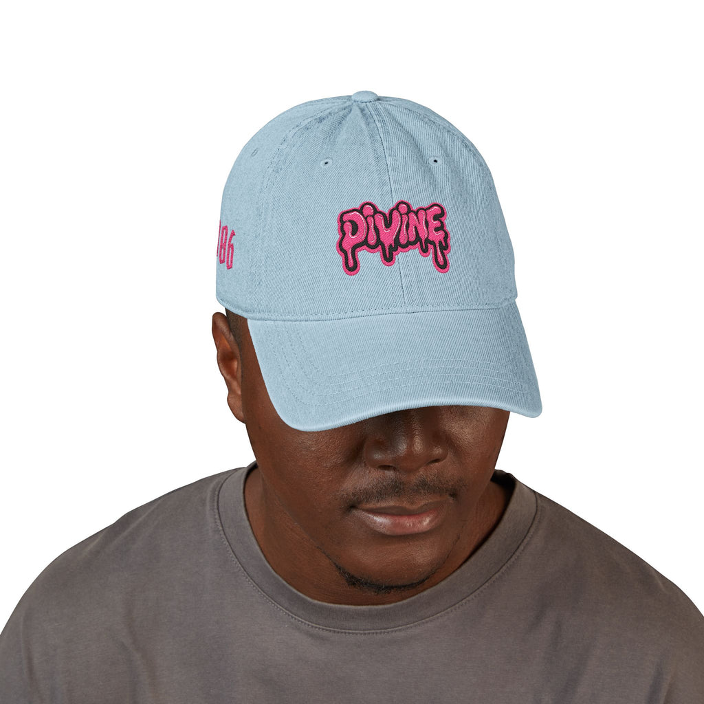 Embroidered 'Divine' Denim Hat - Pink Drip Logo Baseball Cap