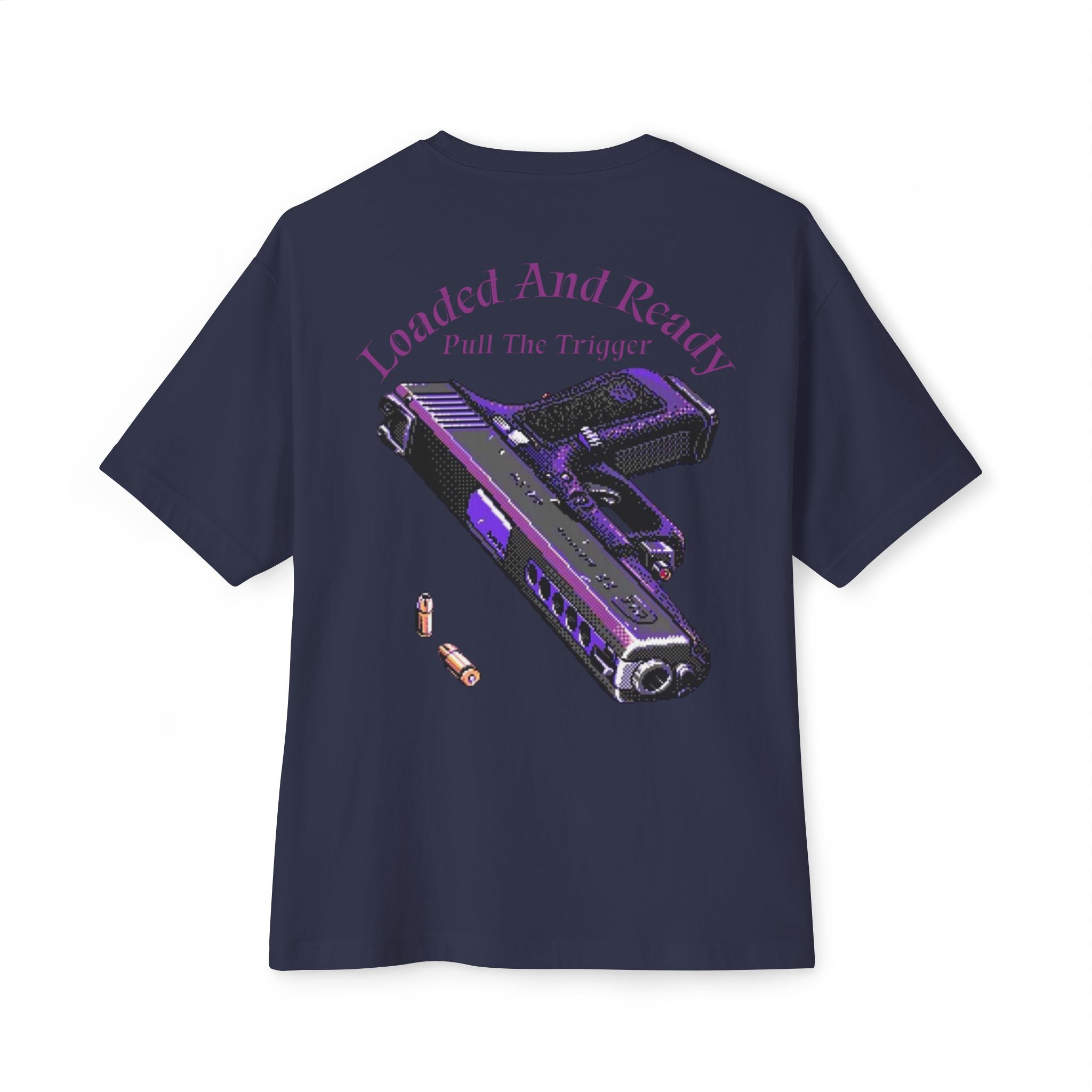 Boxy Tee — "Loaded and Ready" Purple Pistol Graphic Shirt