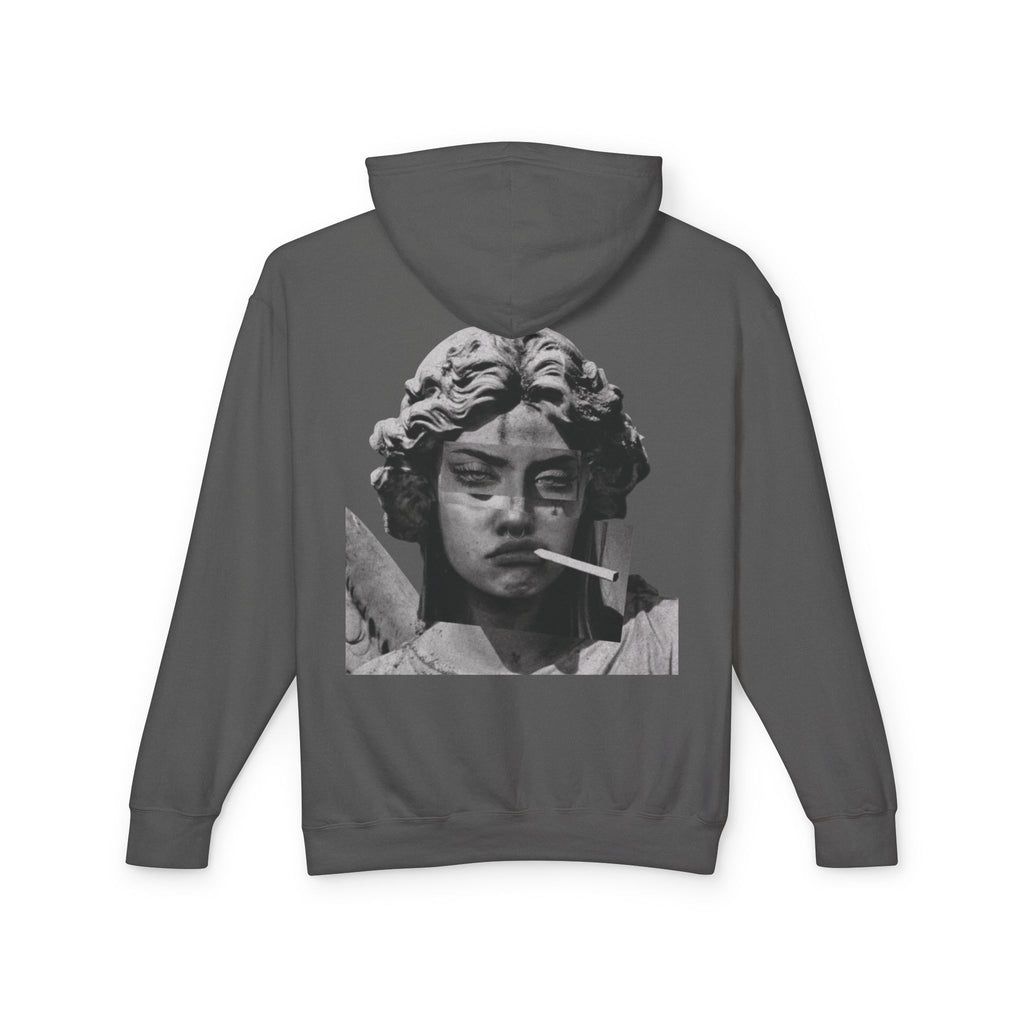 Statue Smoking Hoodie — Retro Grayscale Angel Graphic Hoodie