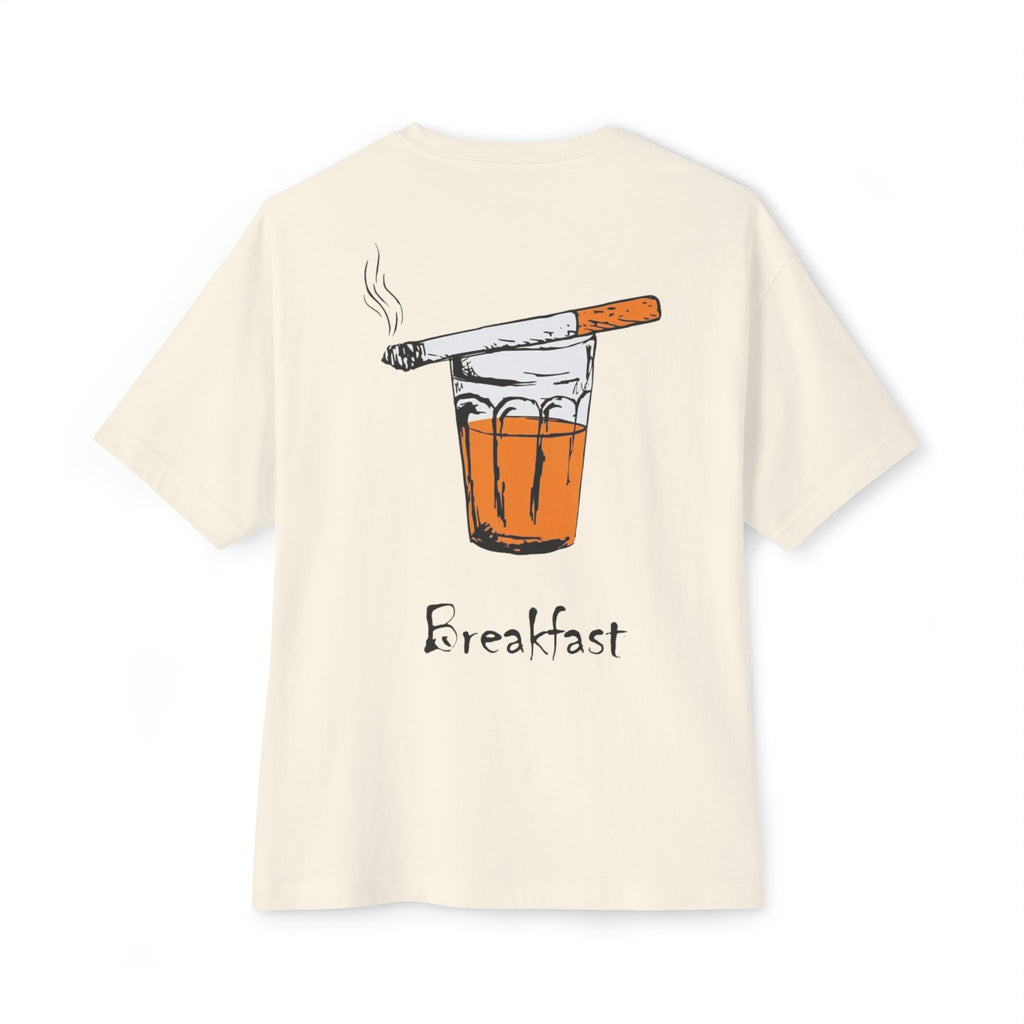 Breakfast Graphic Tee — Cigarette & Drink Illustration Oversized Boxy T‑Shirt