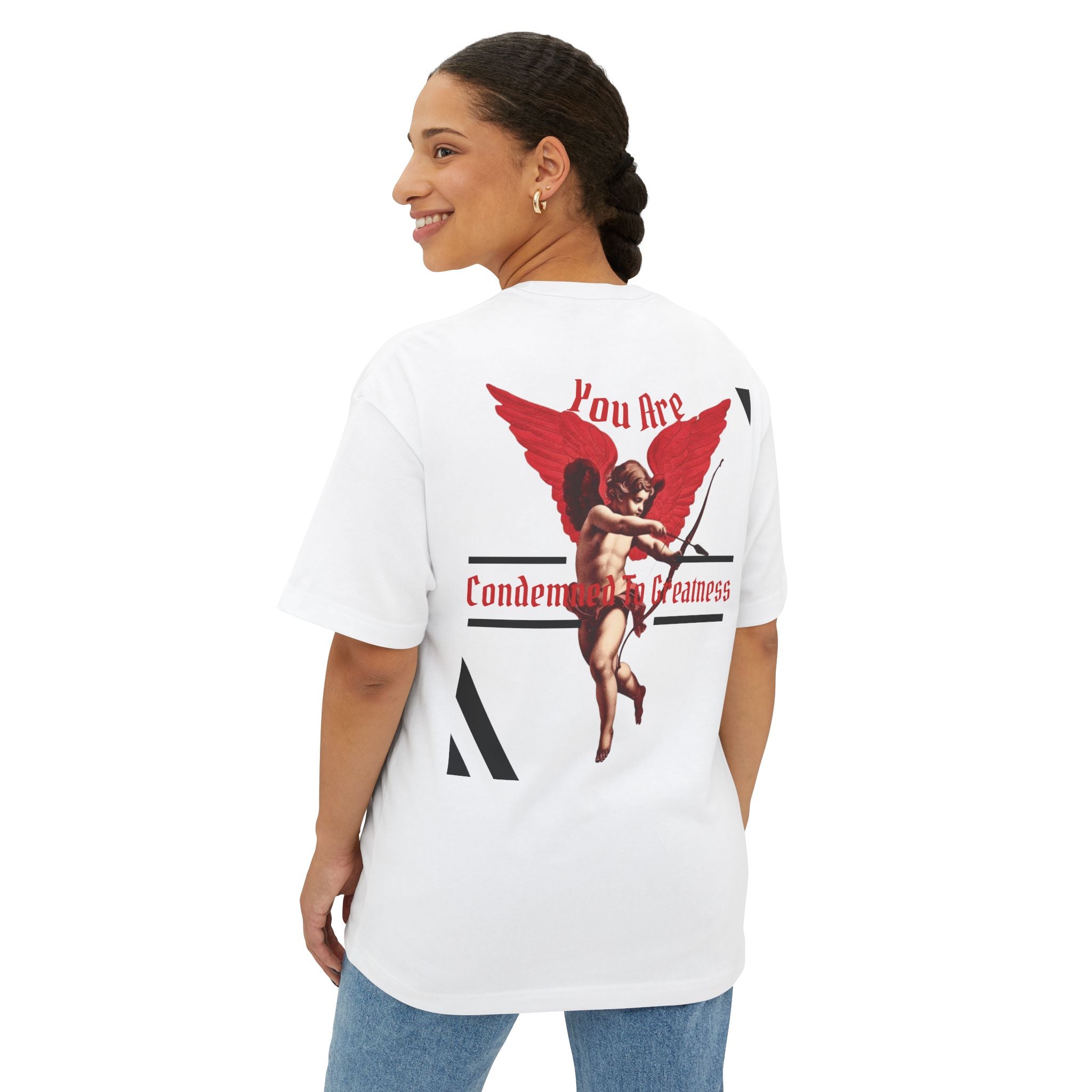 Oversized Boxy Tee — 'You Are Condemned To Greatness' Angel Graphic