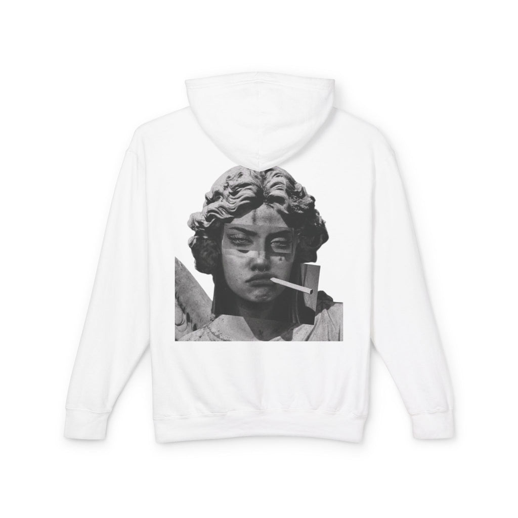 Statue Smoking Hoodie — Retro Grayscale Angel Graphic Hoodie