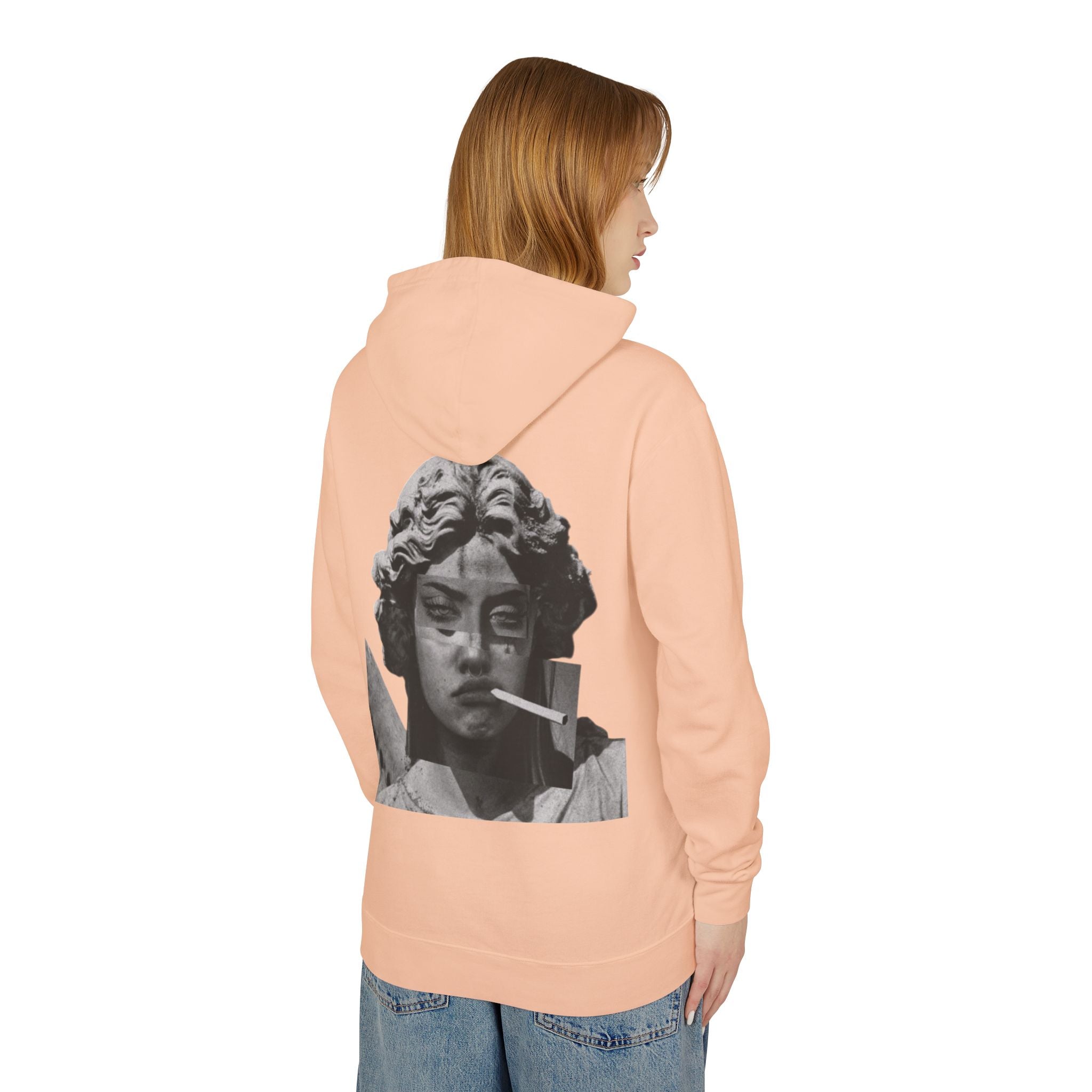 Statue Smoking Hoodie — Retro Grayscale Angel Graphic Hoodie