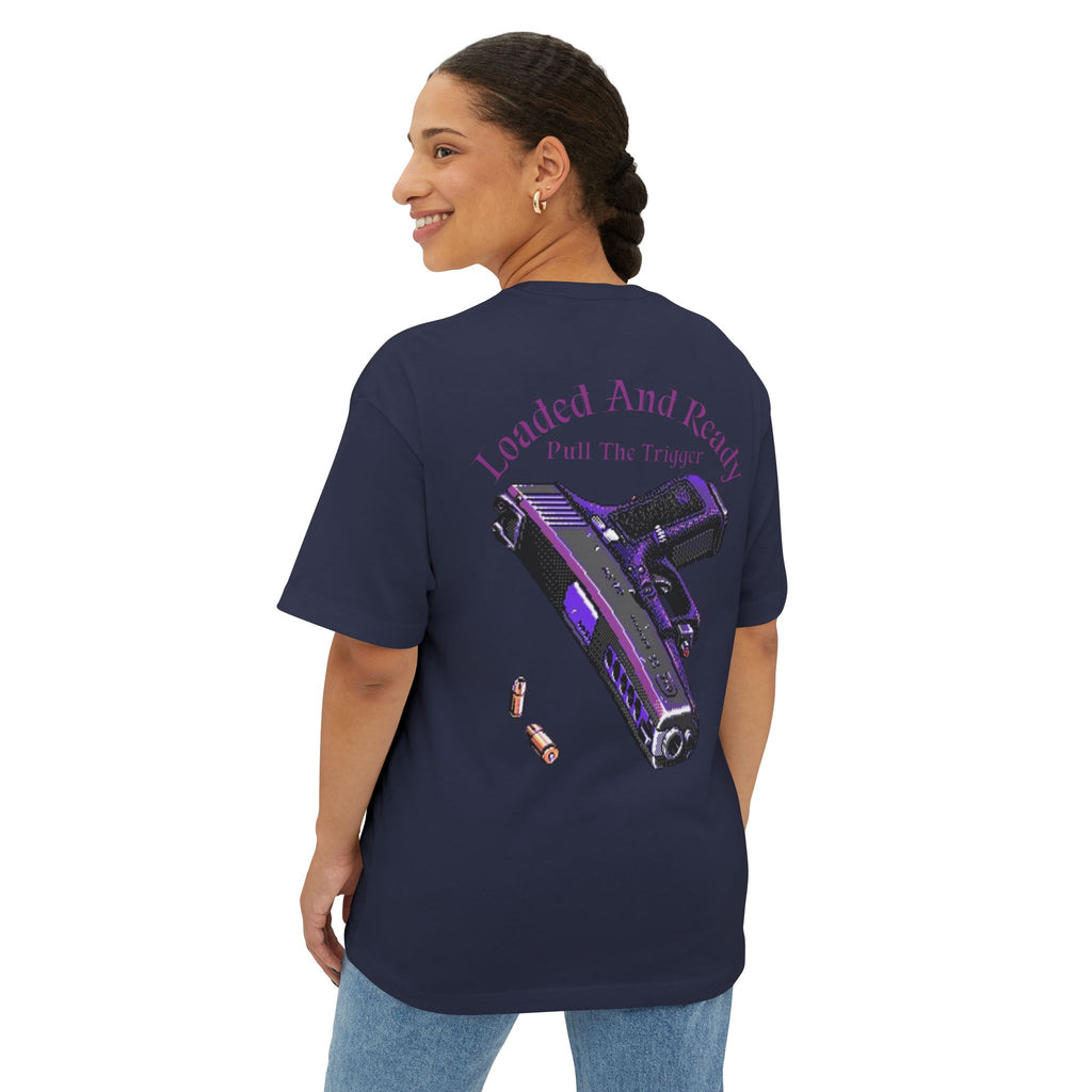 Boxy Tee — "Loaded and Ready" Purple Pistol Graphic Shirt