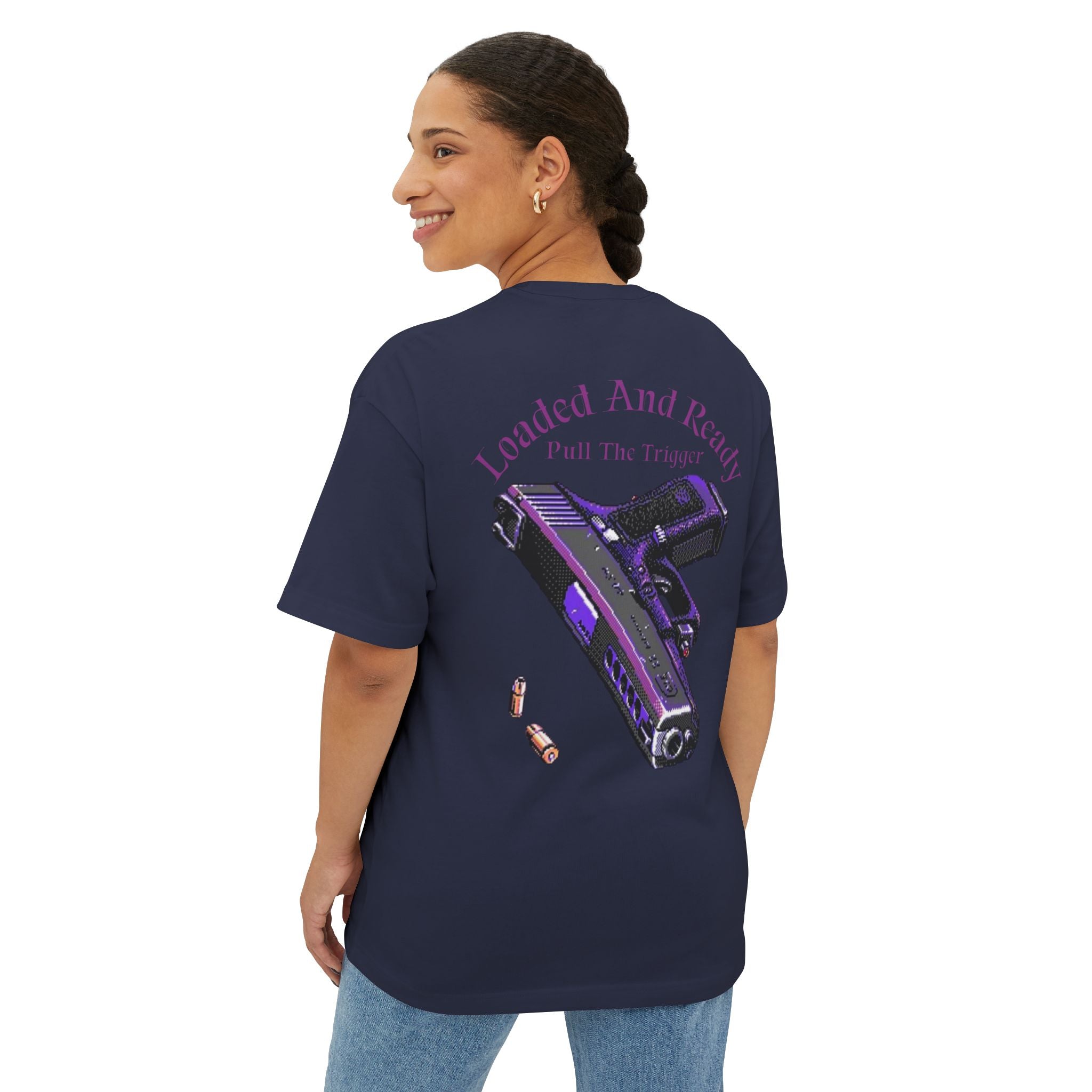 Boxy Tee — "Loaded and Ready" Purple Pistol Graphic Shirt