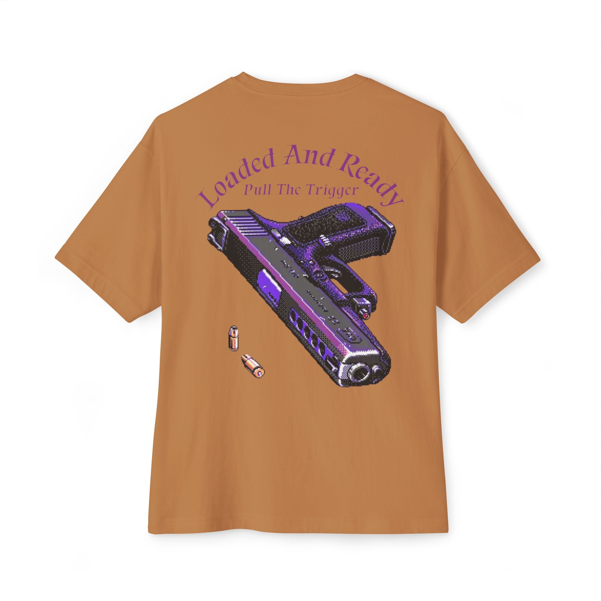 Boxy Tee — "Loaded and Ready" Purple Pistol Graphic Shirt