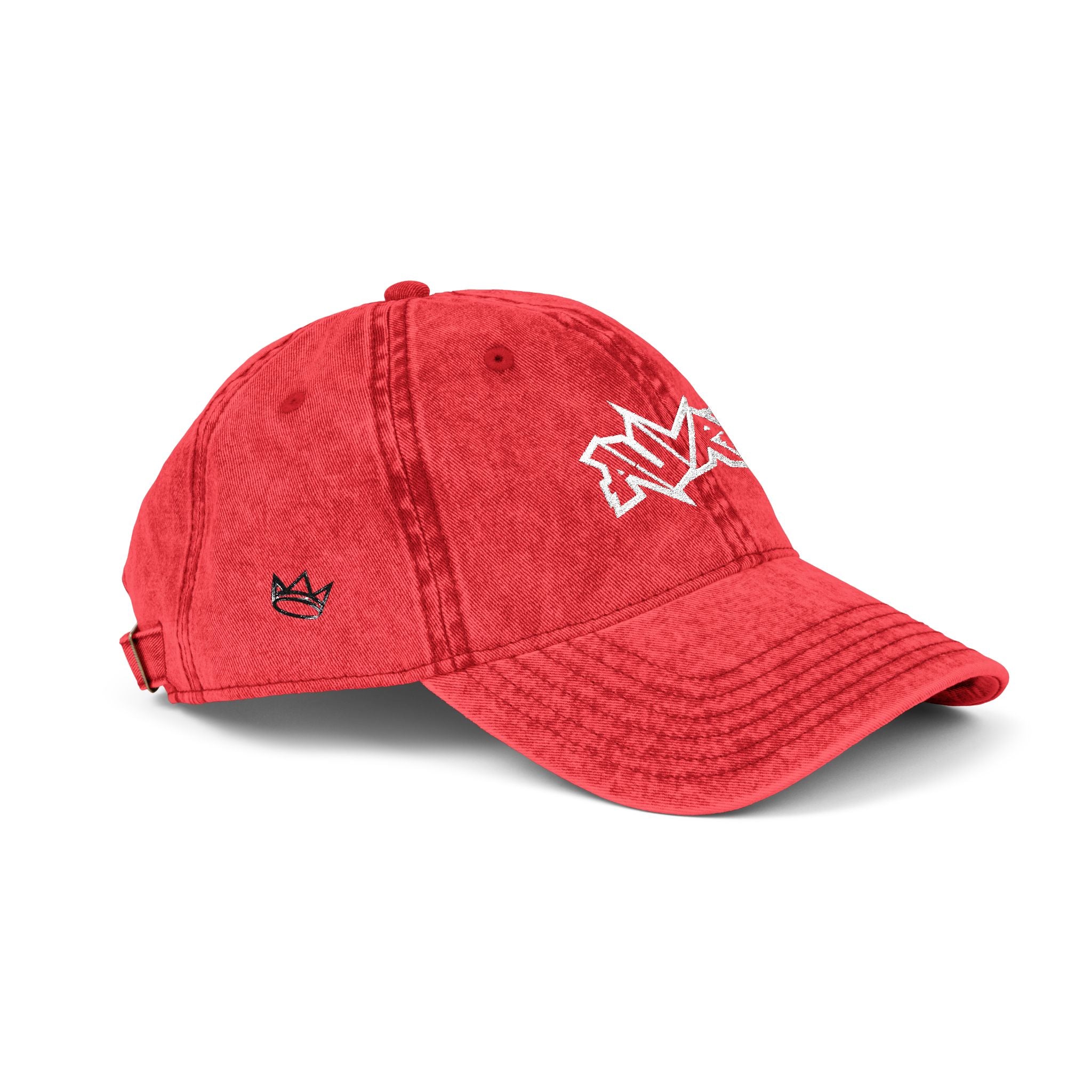 Vintage Embroidered Cap — Distressed Red Dad Hat with Retro Logo