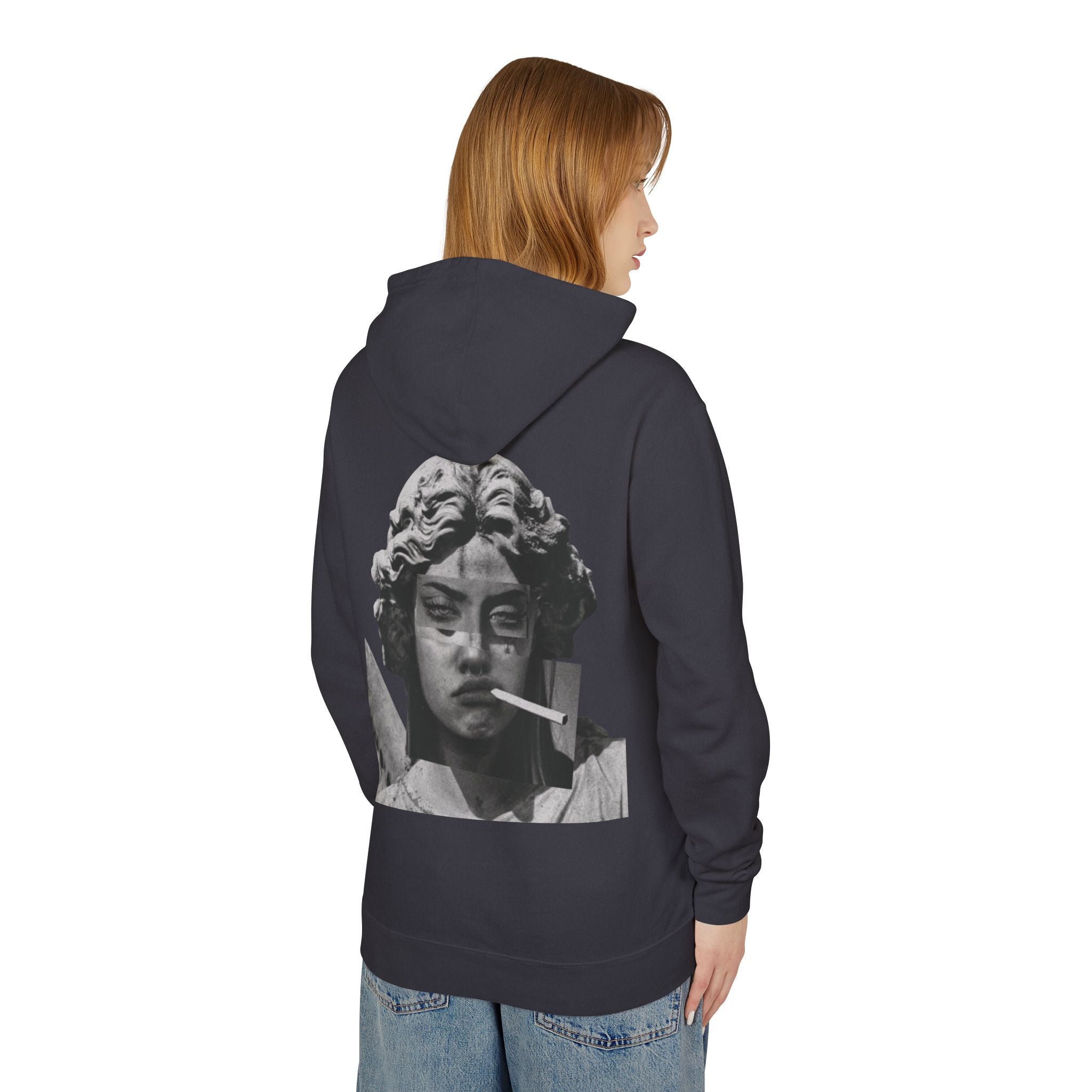 Statue Smoking Hoodie — Retro Grayscale Angel Graphic Hoodie