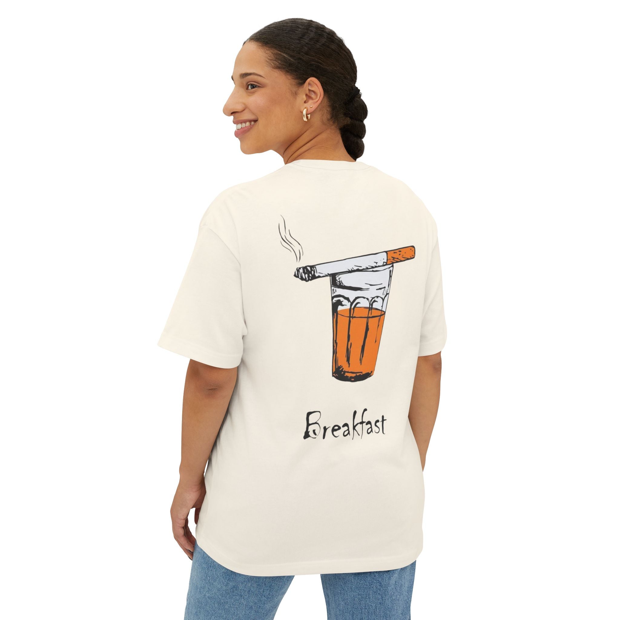 Breakfast Graphic Tee — Cigarette & Drink Illustration Oversized Boxy T‑Shirt
