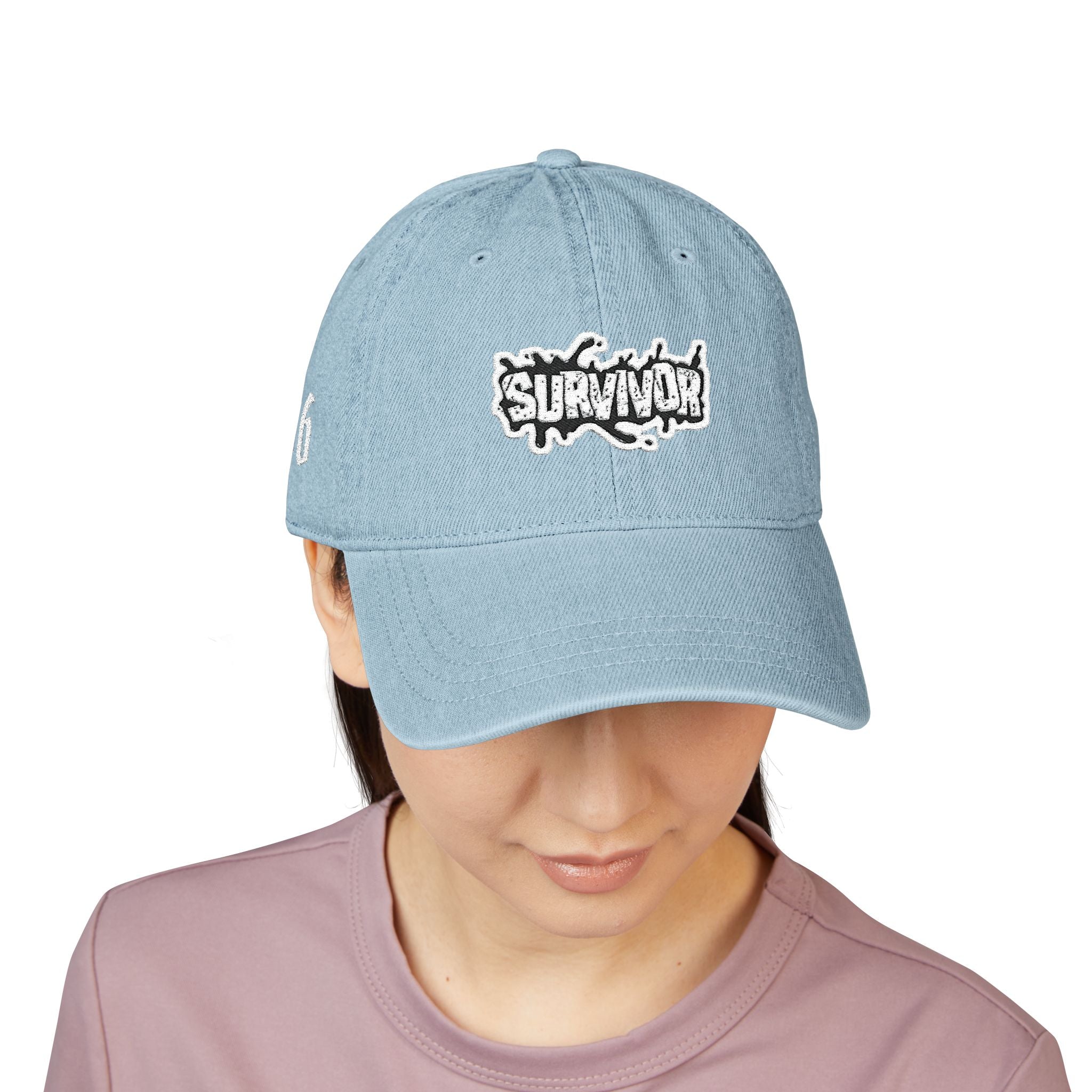 Survivor Embroidered Denim Hat — Distressed Patch Baseball Cap