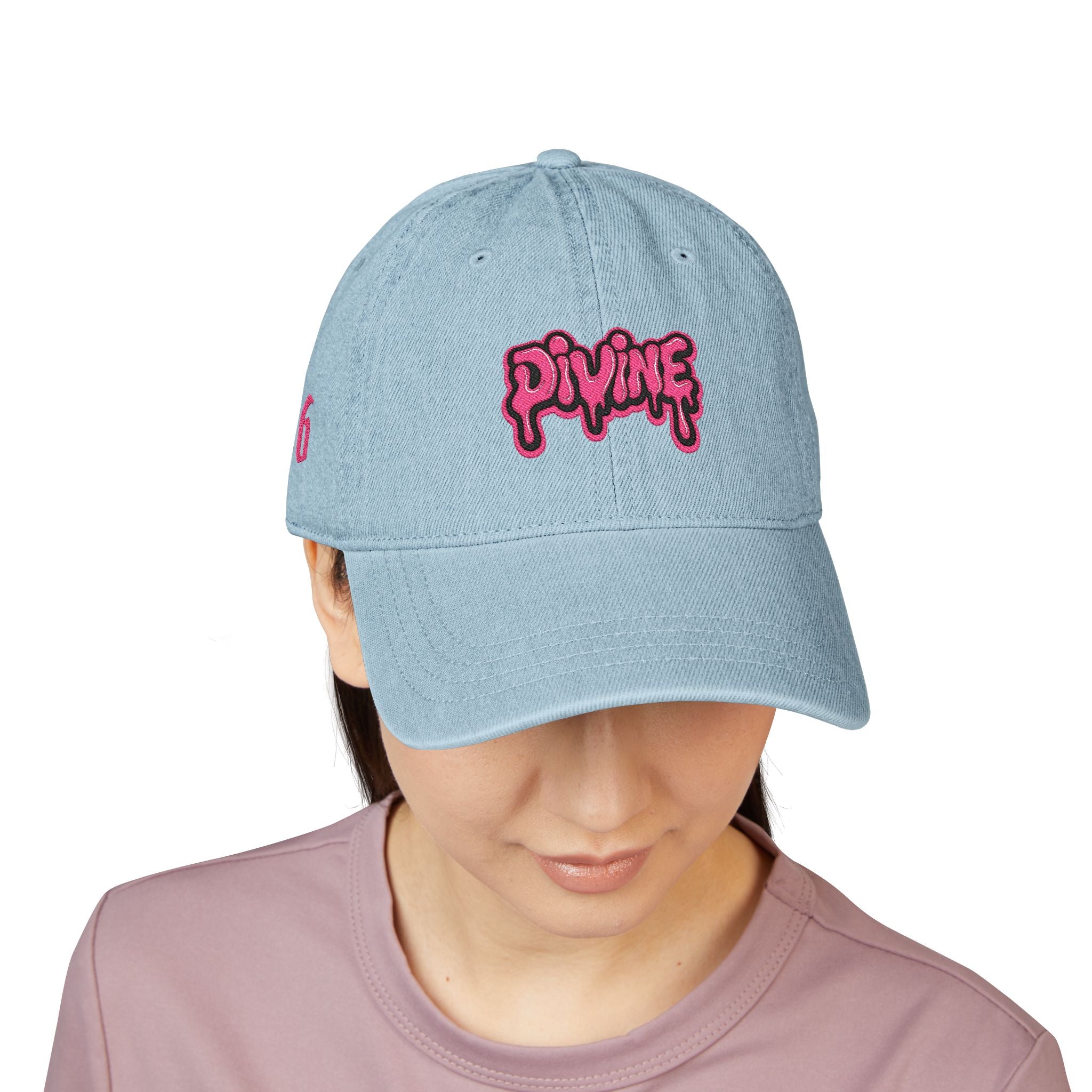 Embroidered 'Divine' Denim Hat - Pink Drip Logo Baseball Cap