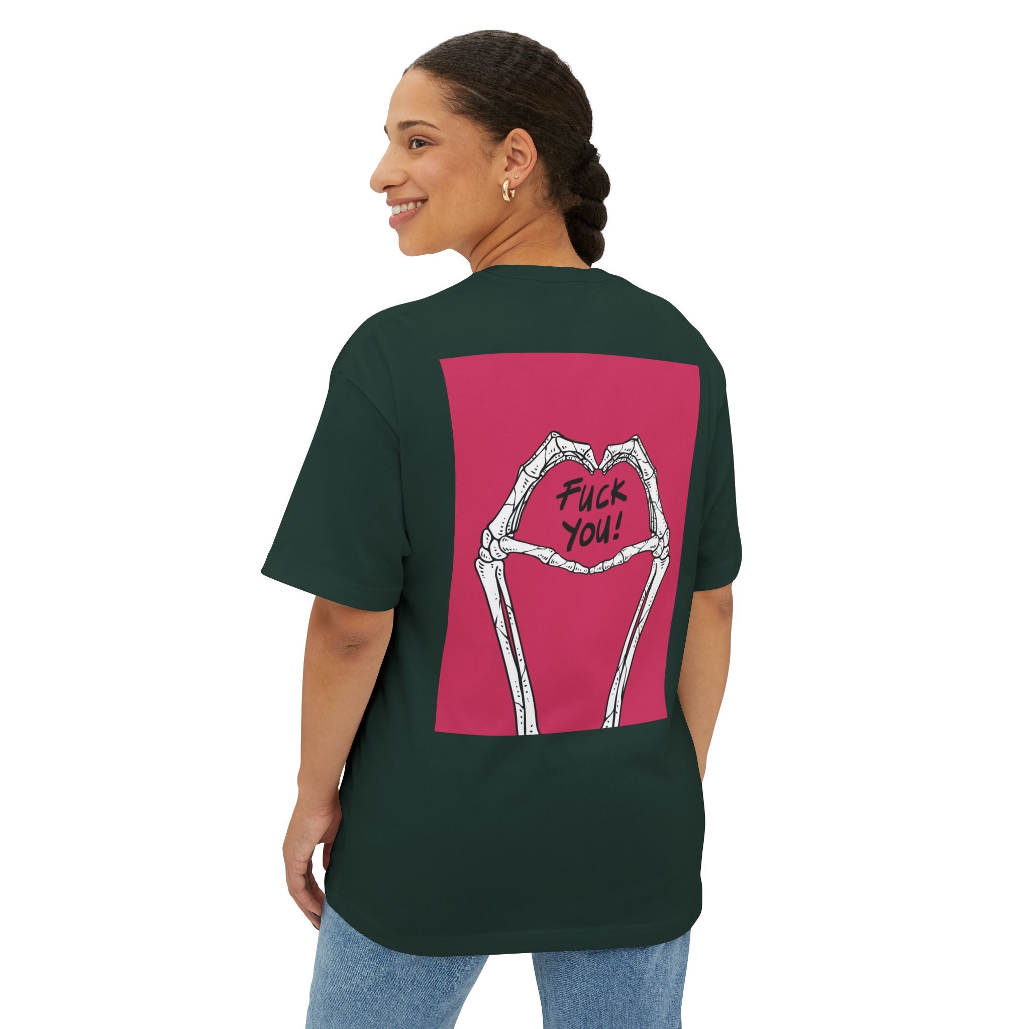 Boxy Tee — Skeleton Heart Graphic with "Fuck You!" Back Print