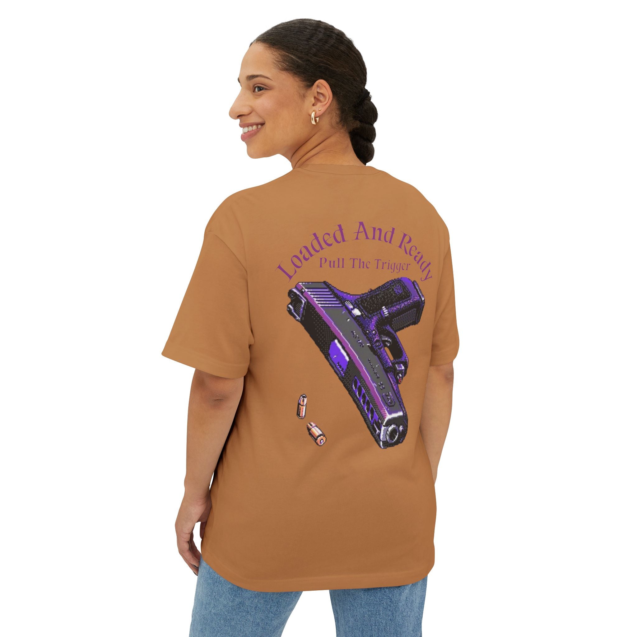 Boxy Tee — "Loaded and Ready" Purple Pistol Graphic Shirt