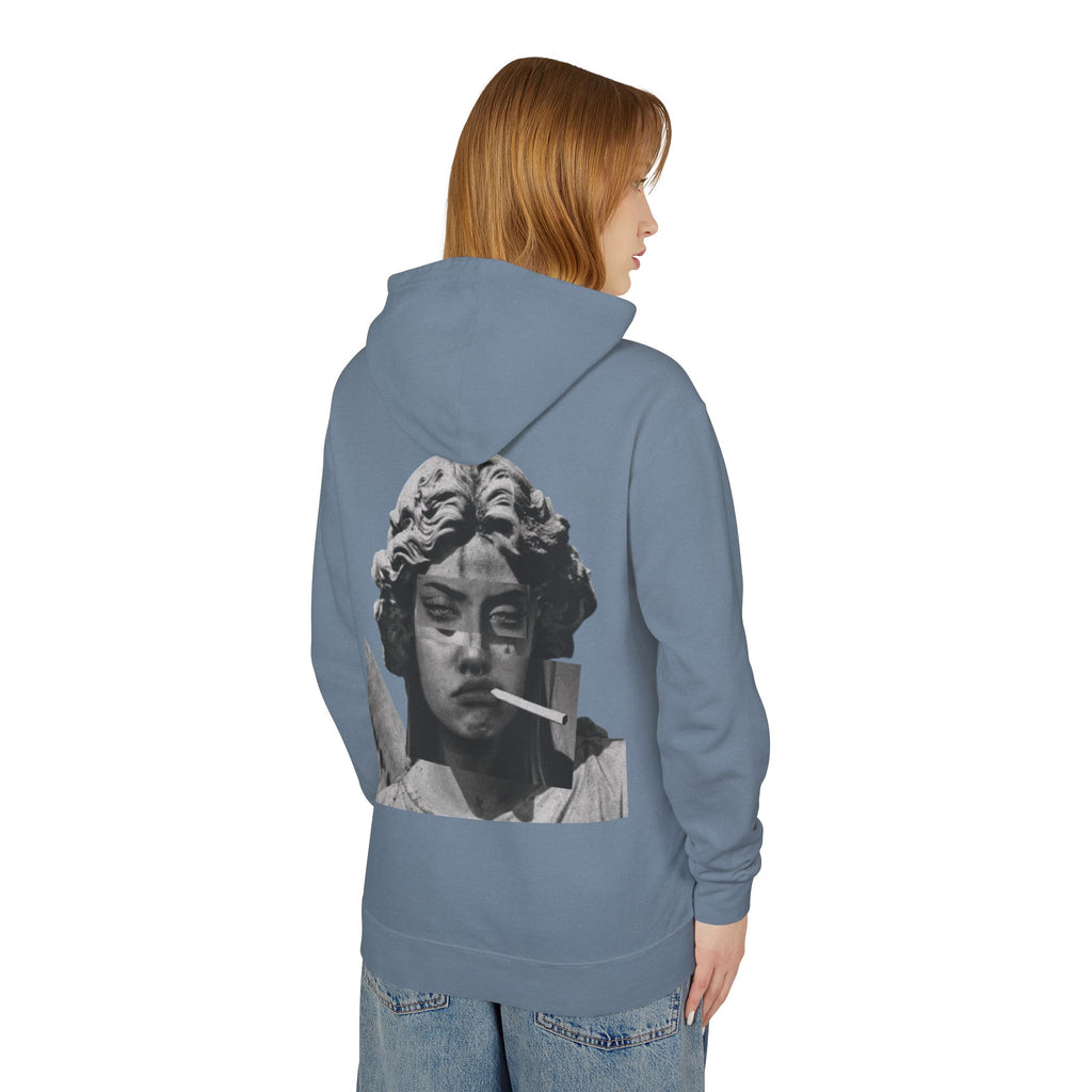 Statue Smoking Hoodie — Retro Grayscale Angel Graphic Hoodie