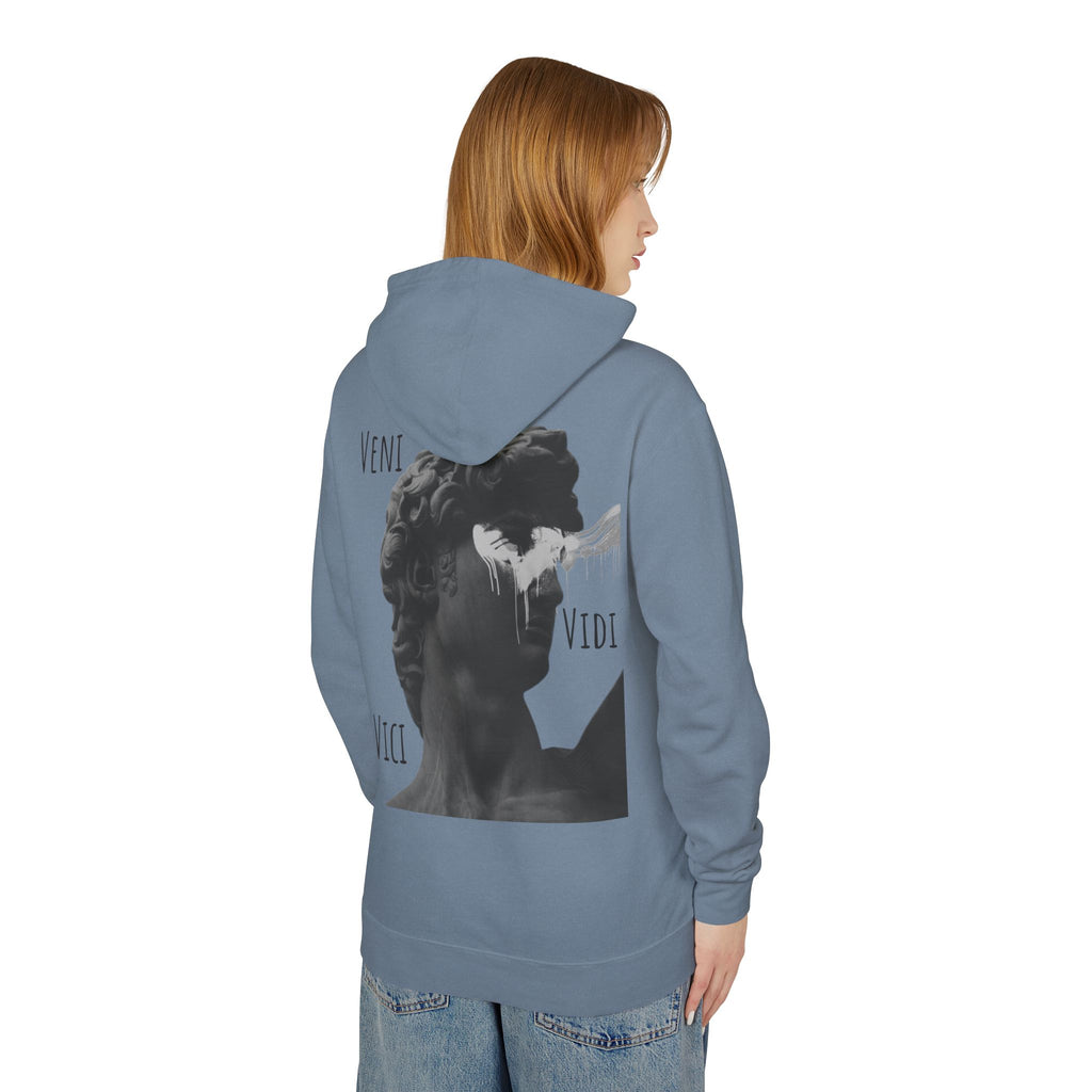 “Veni Vidi Vici” Statue Graphic Hoodie — Lightweight Vintage Art Pullover