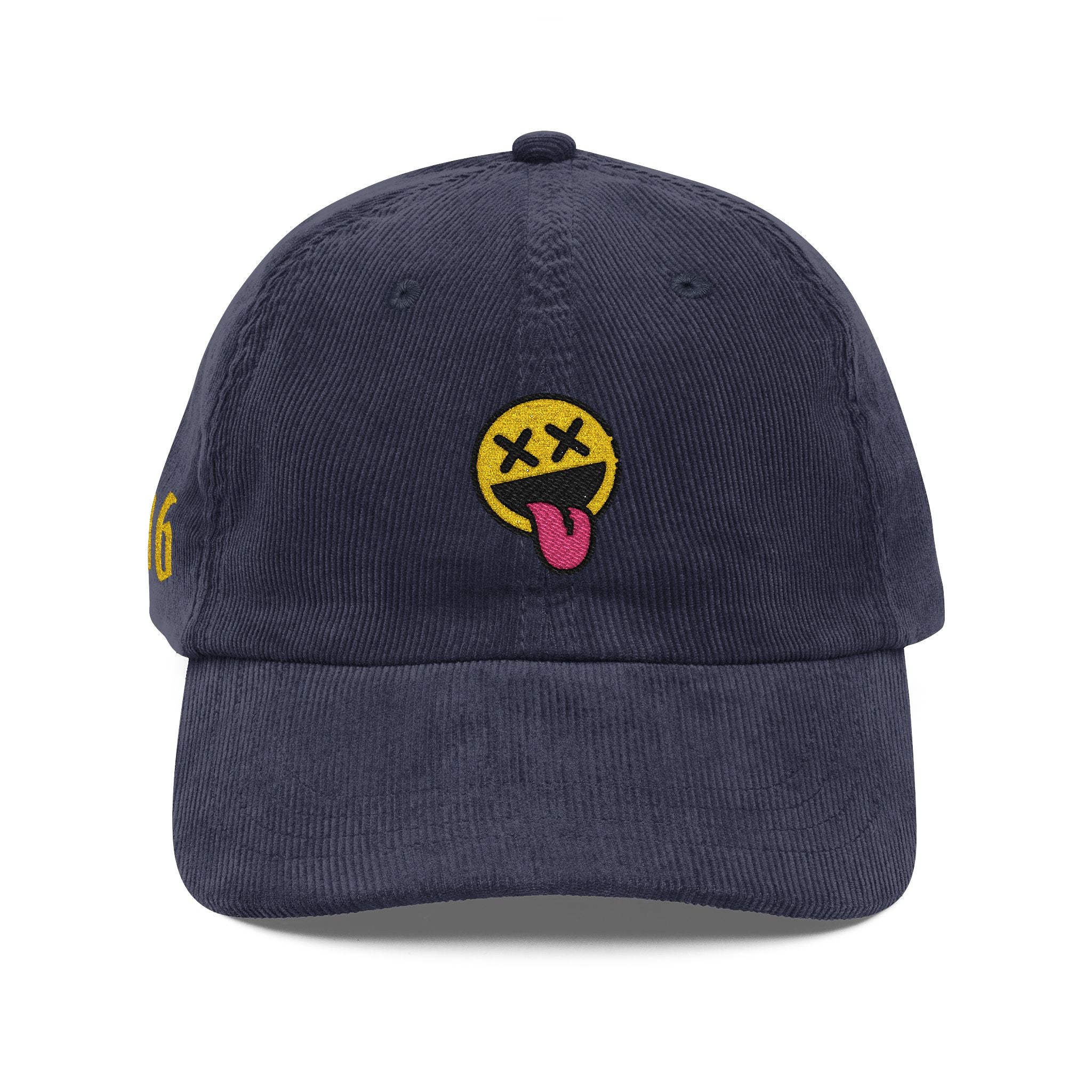 Vintage Corduroy Embroidered Hat — Retro Smiley Tongue Cap